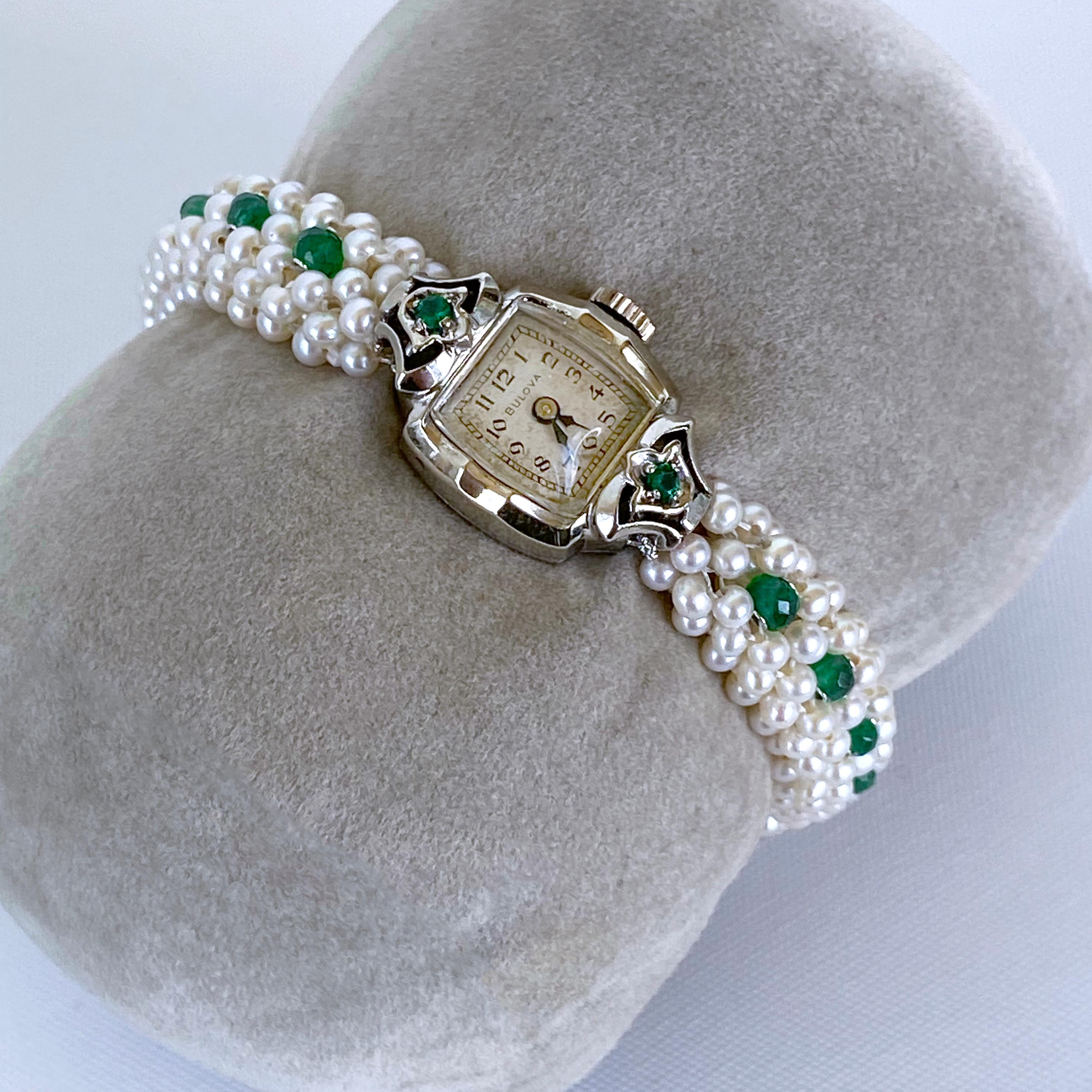 Cushion Cut Marina J. Emerald Encrusted Vintage Watch with Pearls and 14k White Gold For Sale