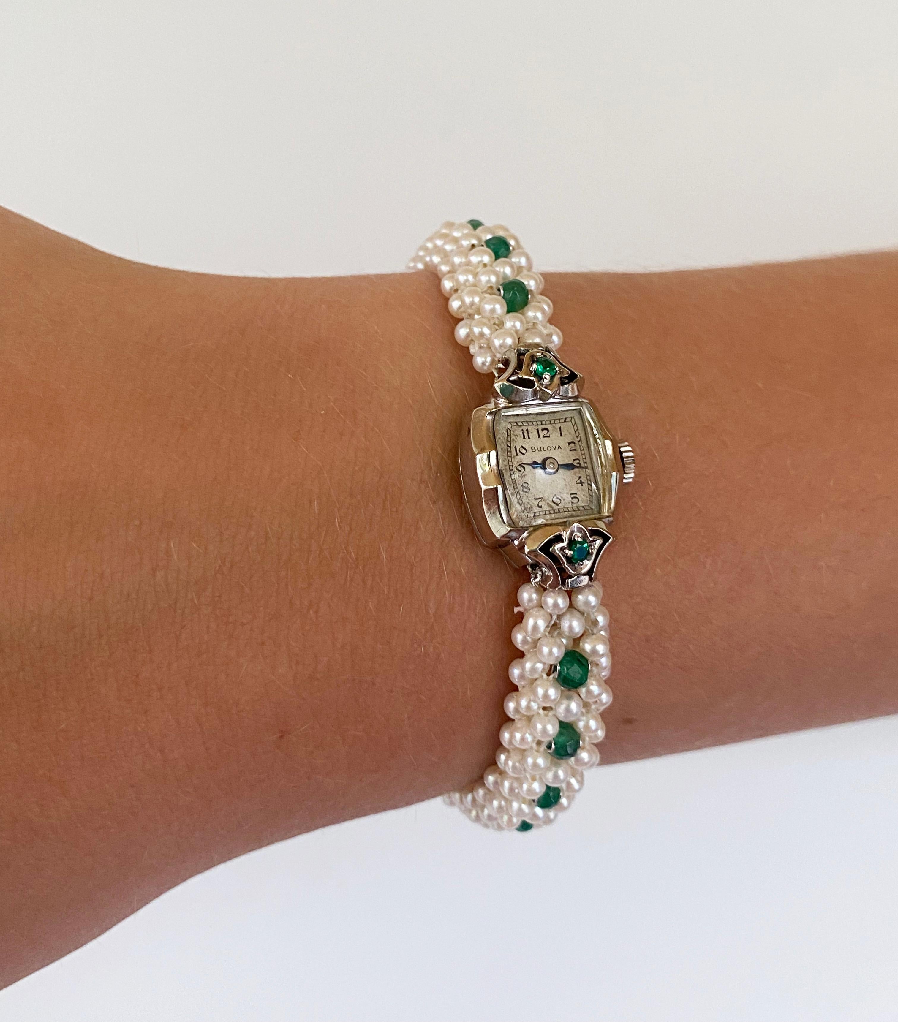 Marina J. Emerald Encrusted Vintage Watch with Pearls and 14k White Gold In New Condition For Sale In Los Angeles, CA