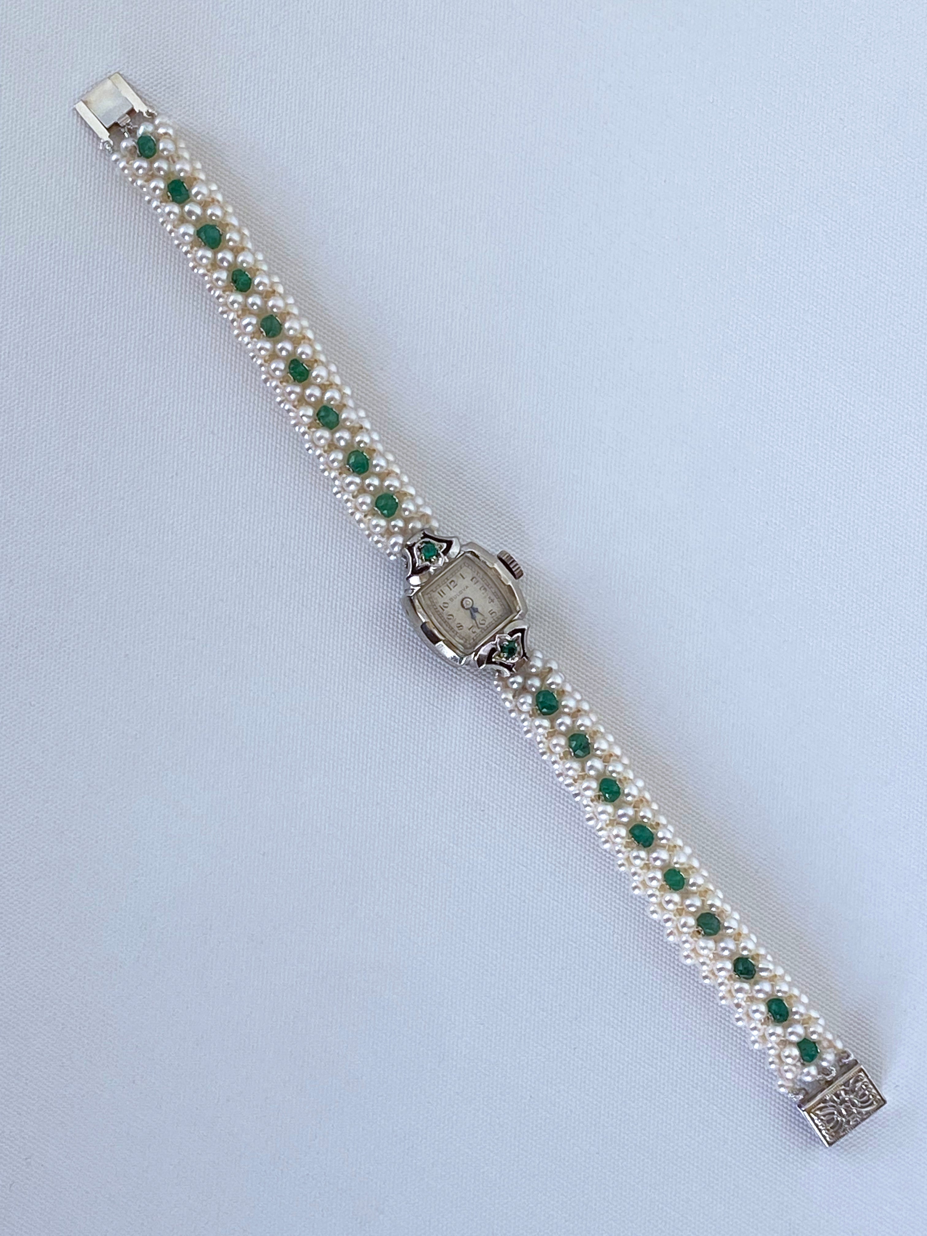Women's Marina J. Emerald Encrusted Vintage Watch with Pearls and 14k White Gold For Sale