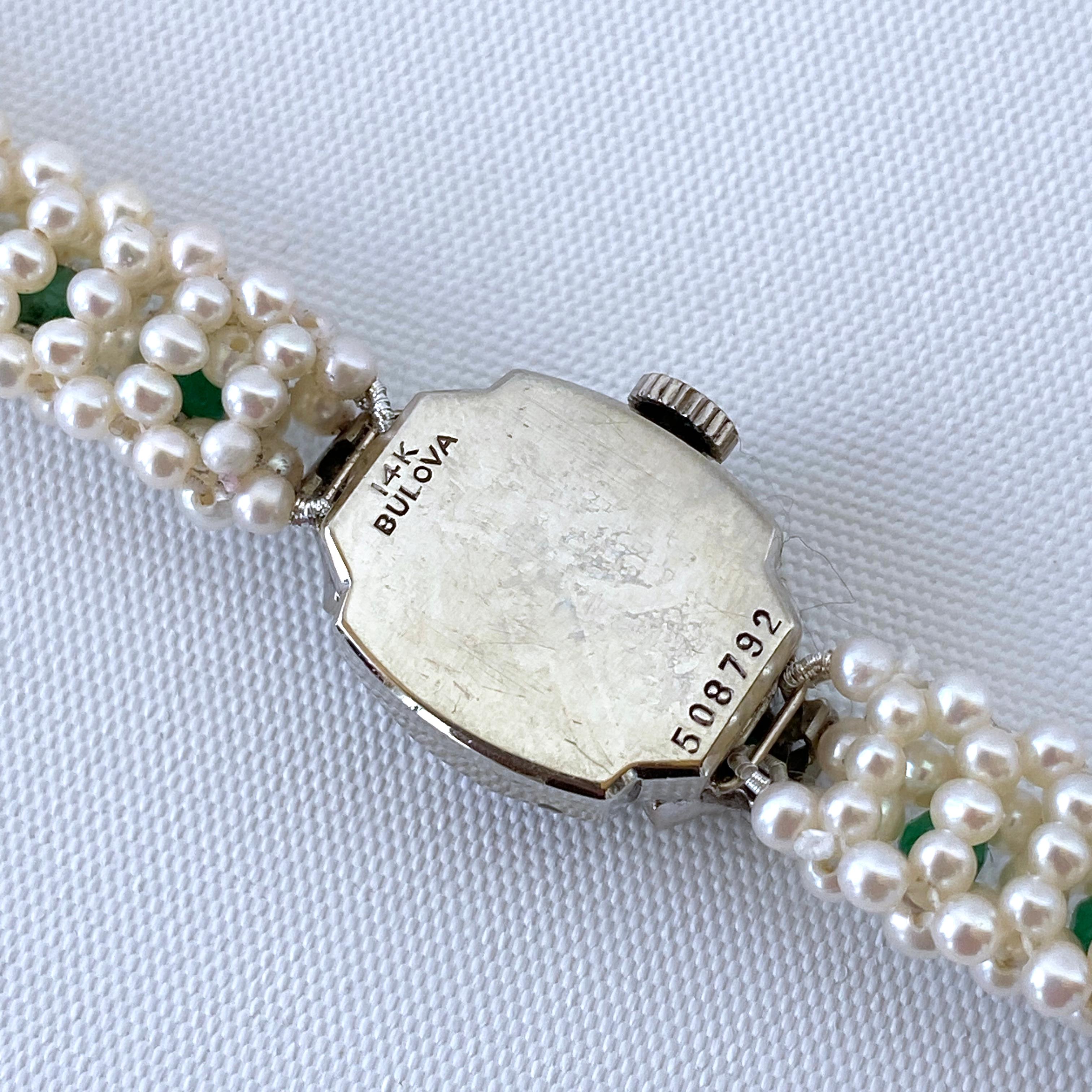 Marina J. Montre vintage incrustée d'émeraudes avec perles et or blanc 14 carats en vente 2