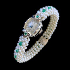 Marina J. Smaragdbesetzte Vintage-Uhr mit gewebten Perlen und 14k Weißgold