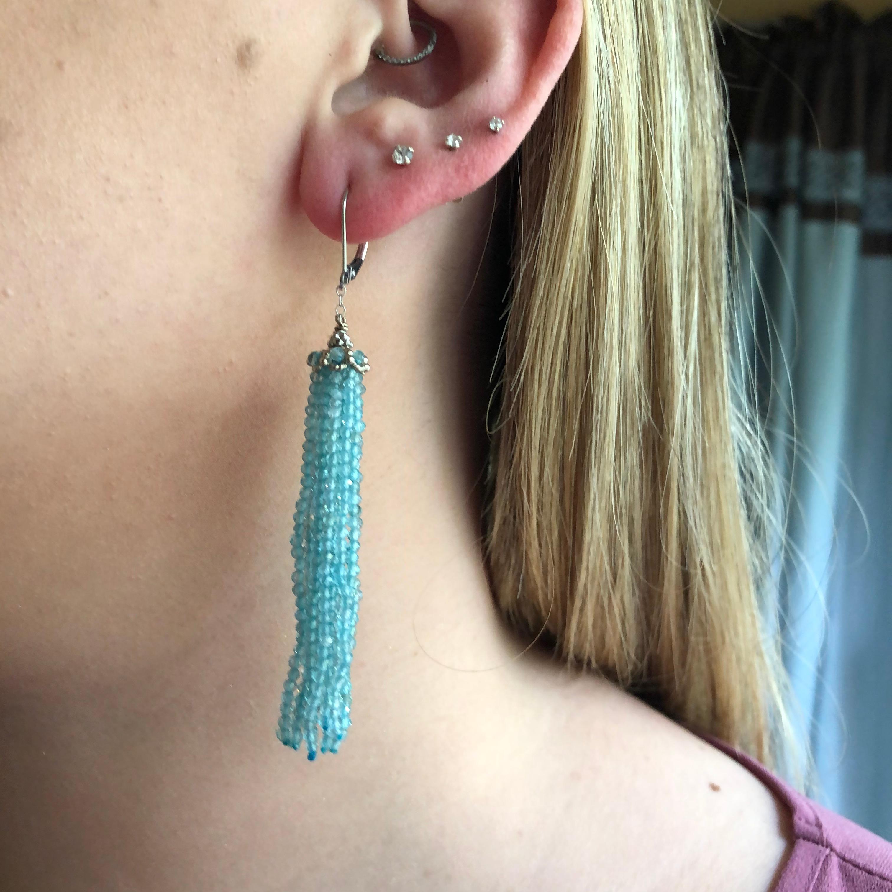 Marina J Faceted Aquamarine Tassel Earrings with 14 K White Gold Chain and Hook 2