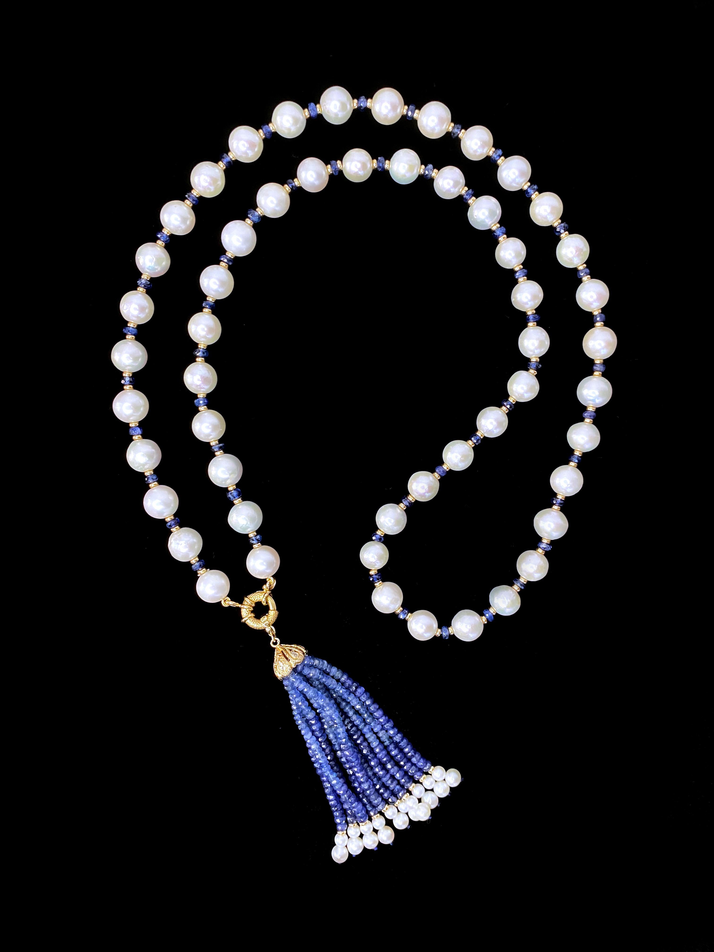 Marina J - Sautoir en or jaune 14 carats avec perles et saphirs bleus facettés 4