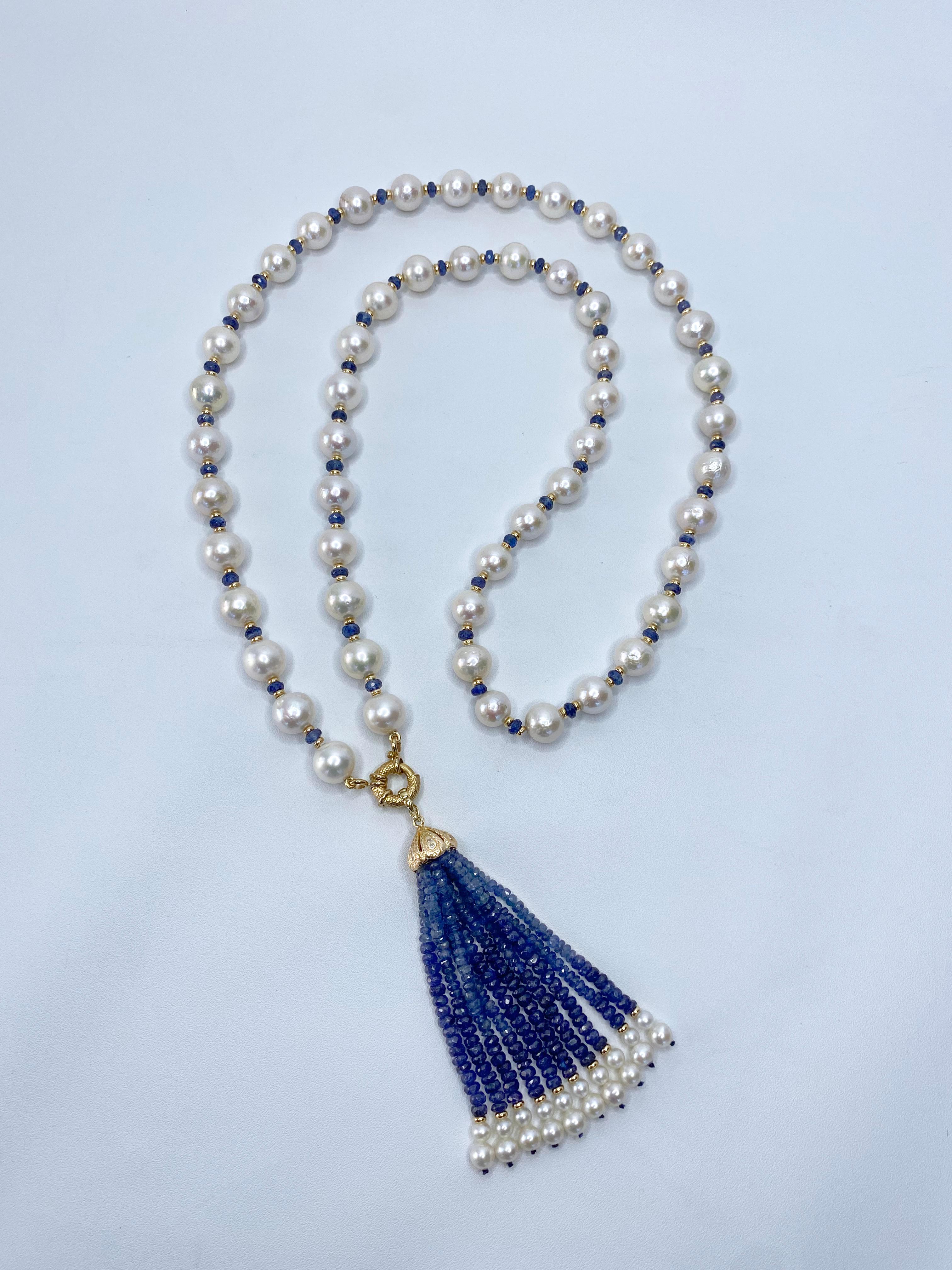 Marina J - Sautoir en or jaune 14 carats avec perles et saphirs bleus facettés 5