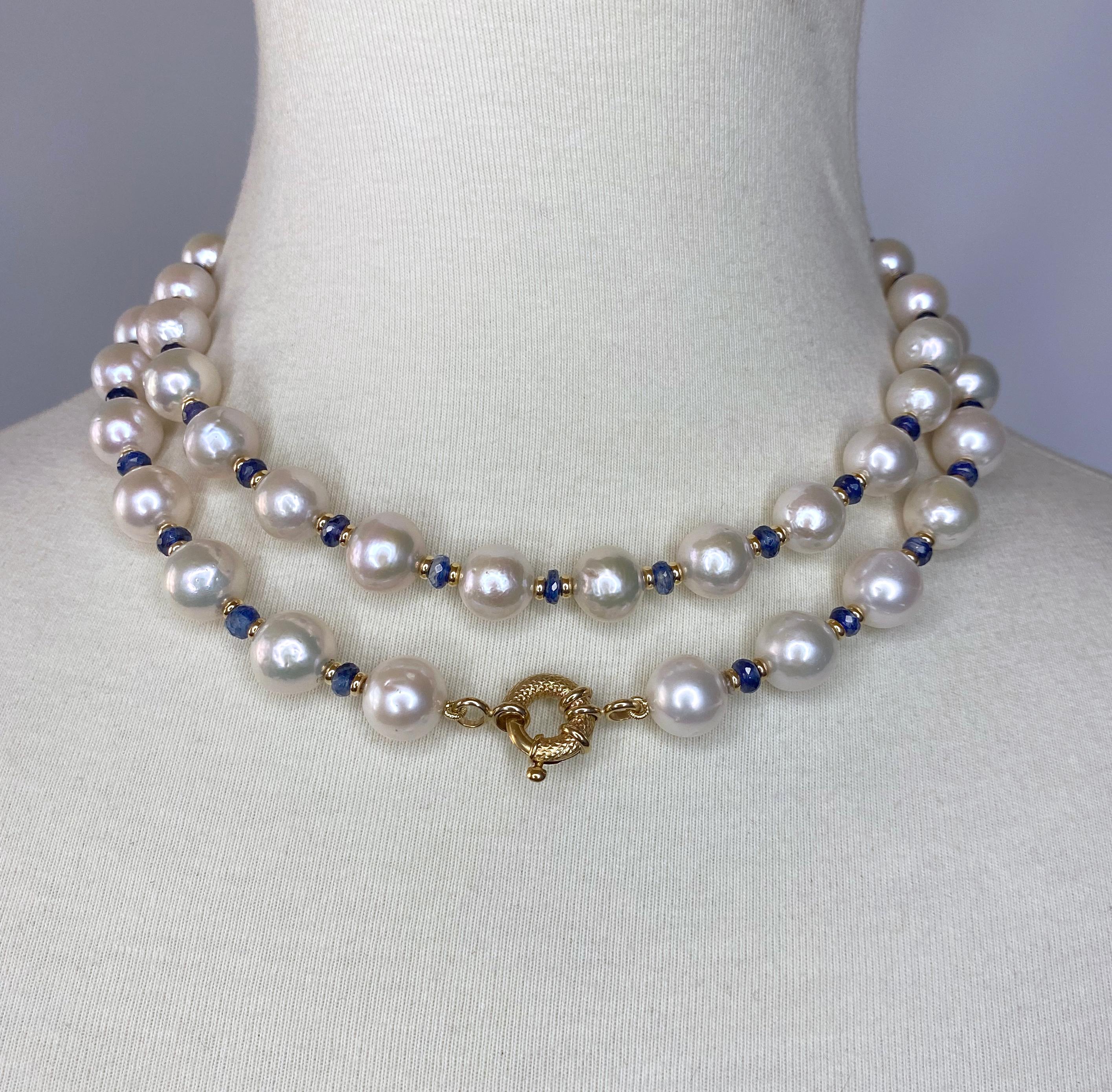 Artisan Marina J - Sautoir en or jaune 14 carats avec perles et saphirs bleus facettés