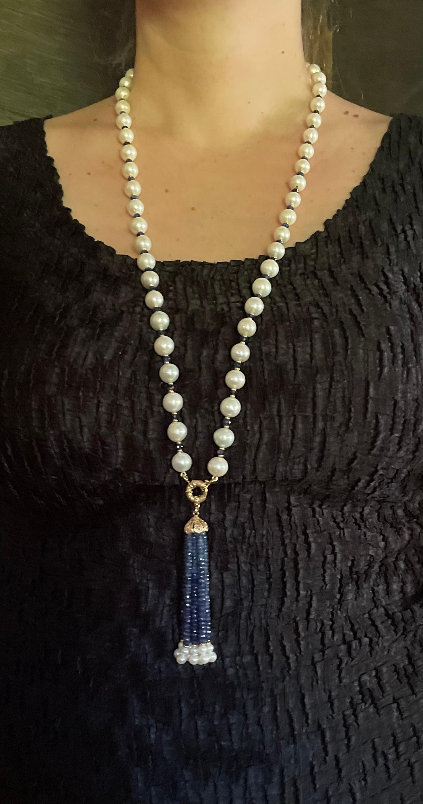 Taille coussin Marina J - Sautoir en or jaune 14 carats avec perles et saphirs bleus facettés