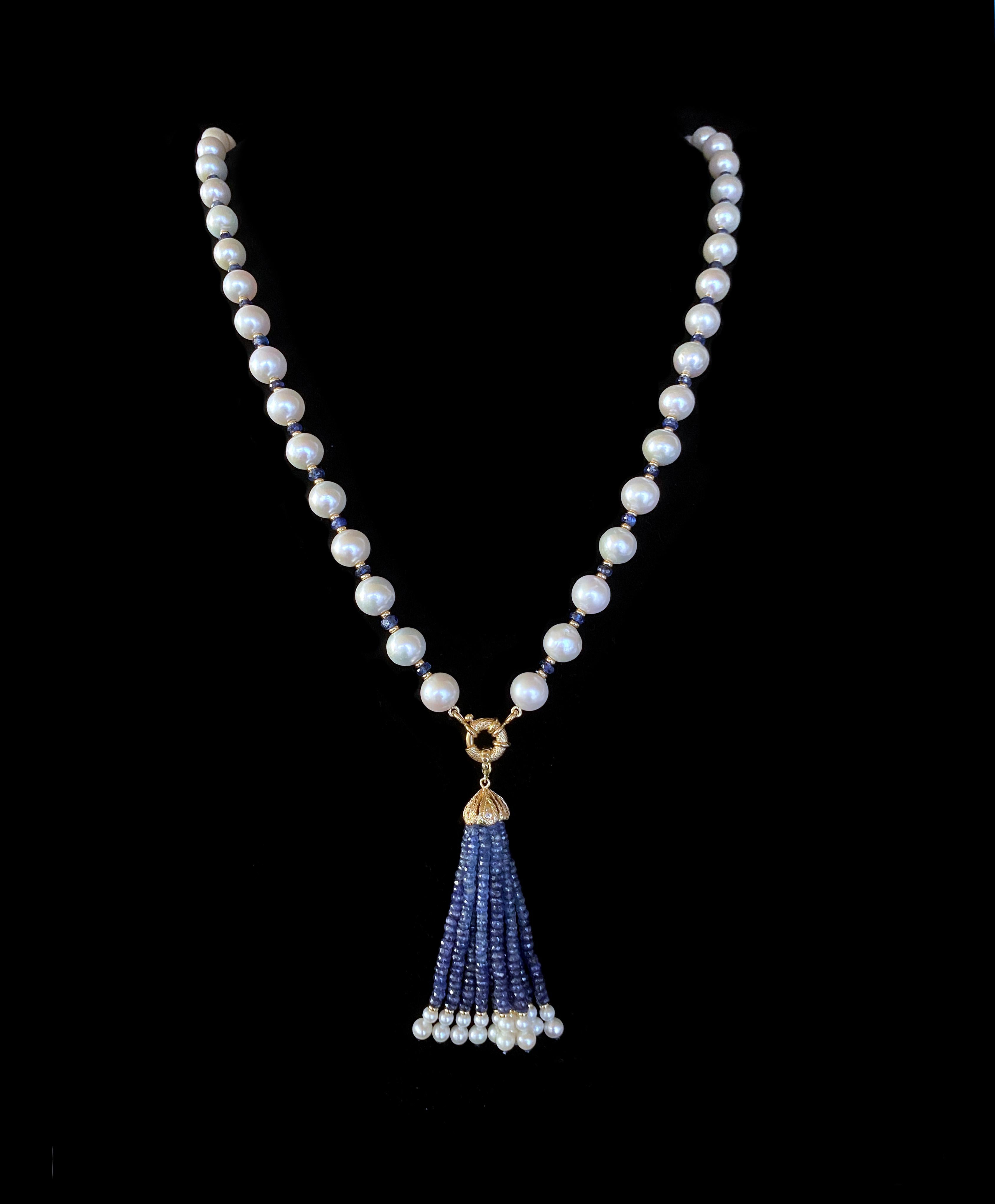 Cushion Cut Marina J Faceted Blue Sapphire Beads, Pearls & 14k Yellow Gold Sautoir / Lariat For Sale