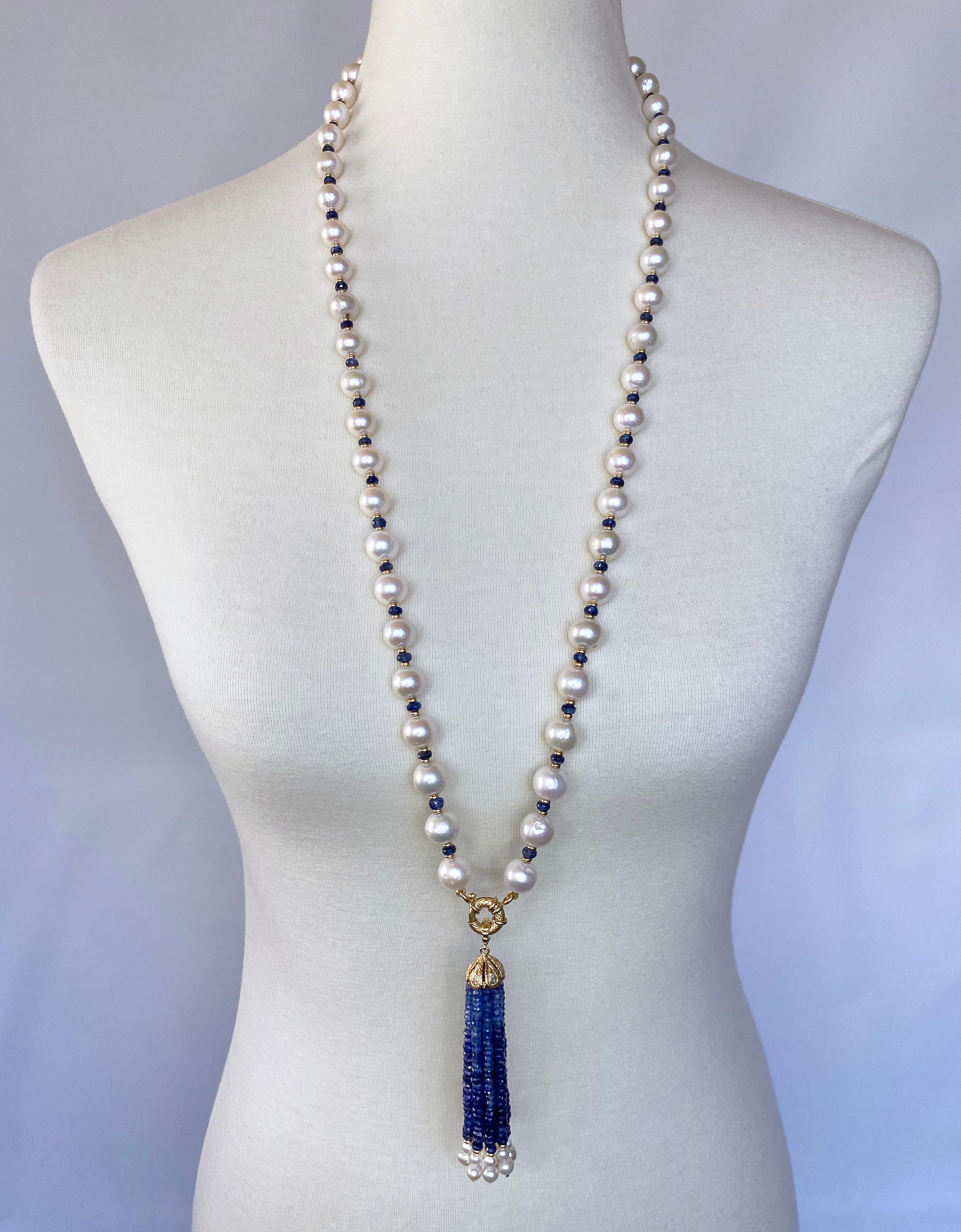Marina J Faceted Blue Sapphire Beads, Pearls & 14k Yellow Gold Sautoir / Lariat In New Condition For Sale In Los Angeles, CA