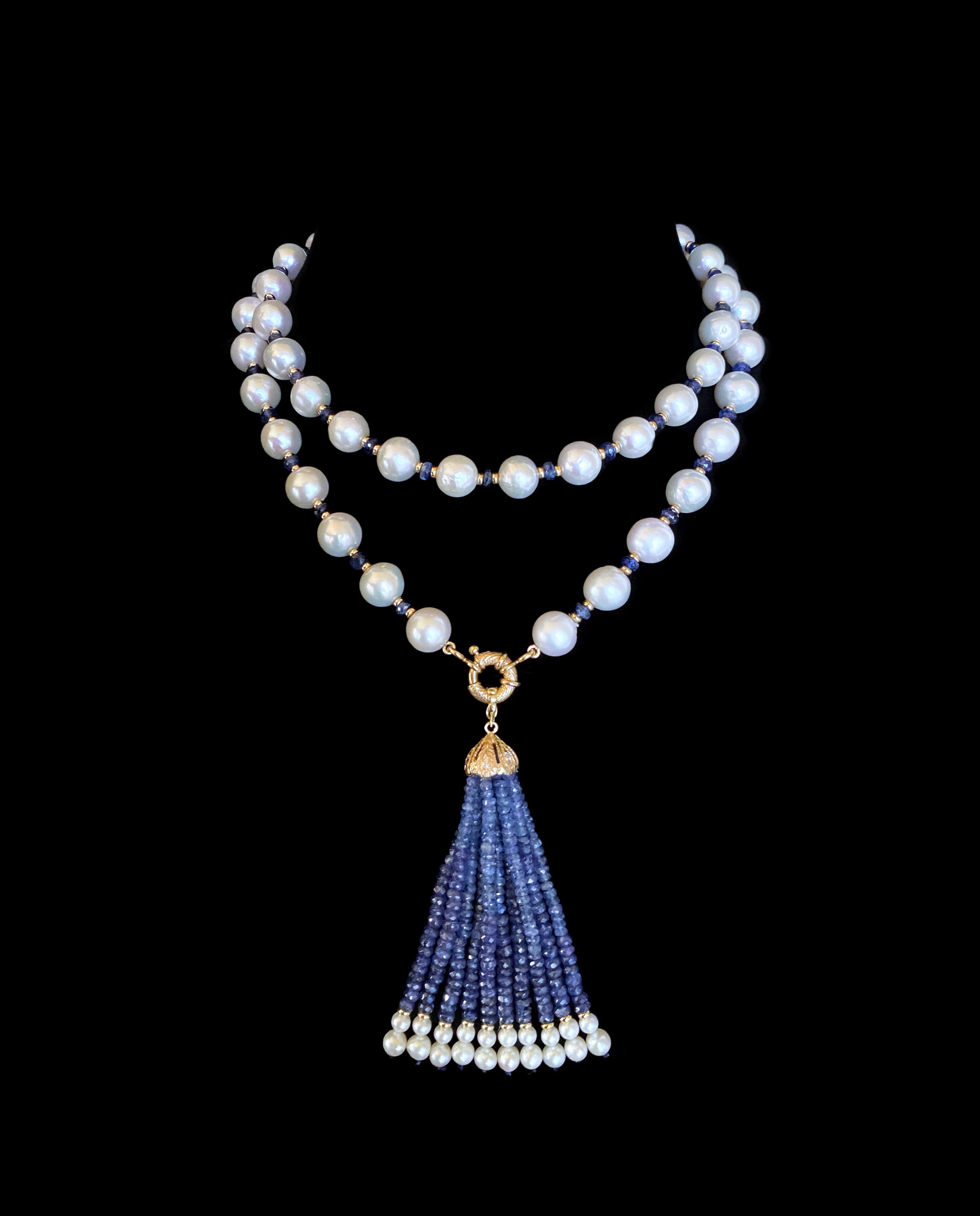 Marina J - Sautoir en or jaune 14 carats avec perles et saphirs bleus facettés 1