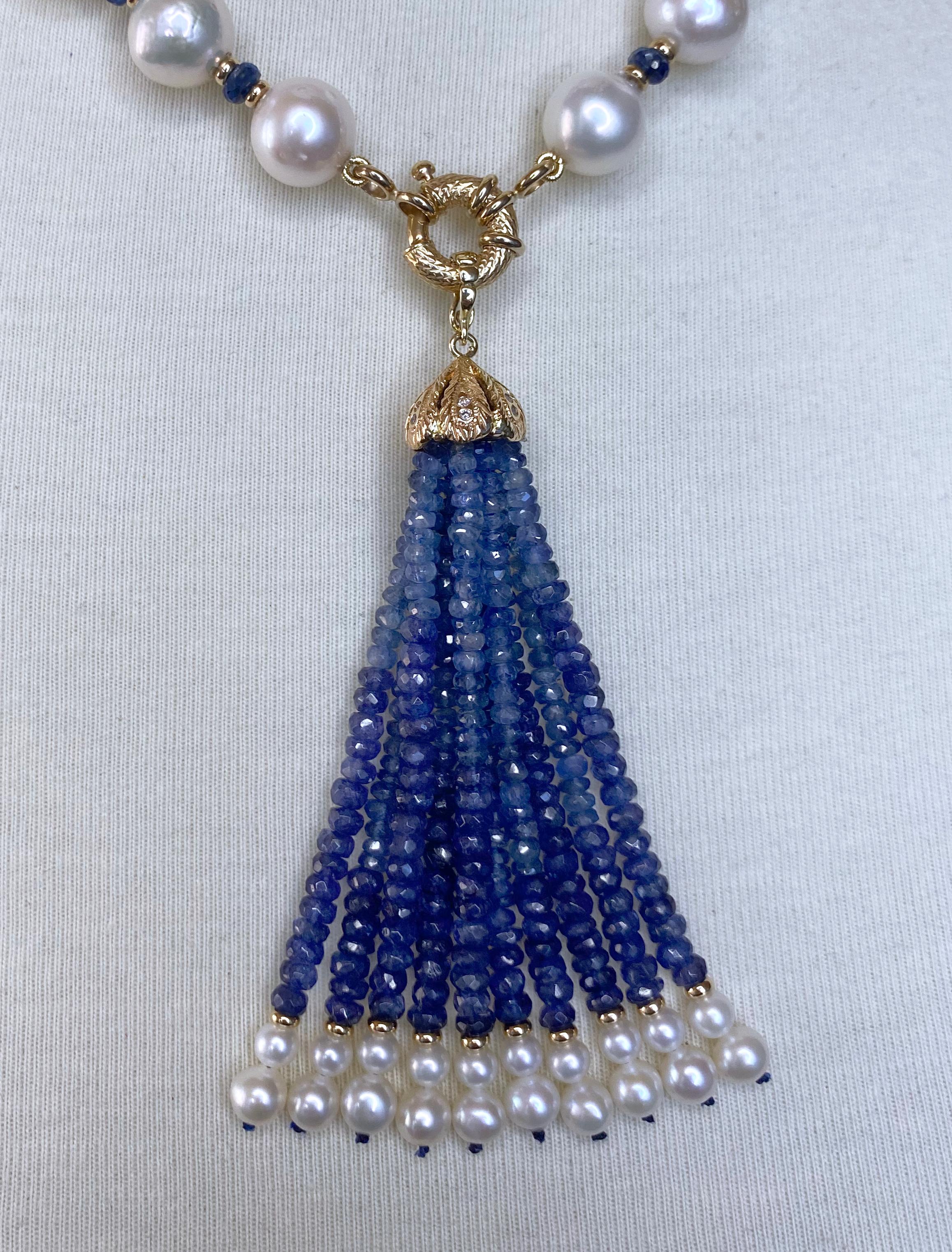 Marina J. Sautoir en or jaune 14 carats avec saphirs bleus facettés et perles 1