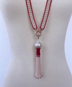 Marina J. Fine Woven Coral & Pearl Satuoir with Baroque Tassel & 14k Yellow Gold