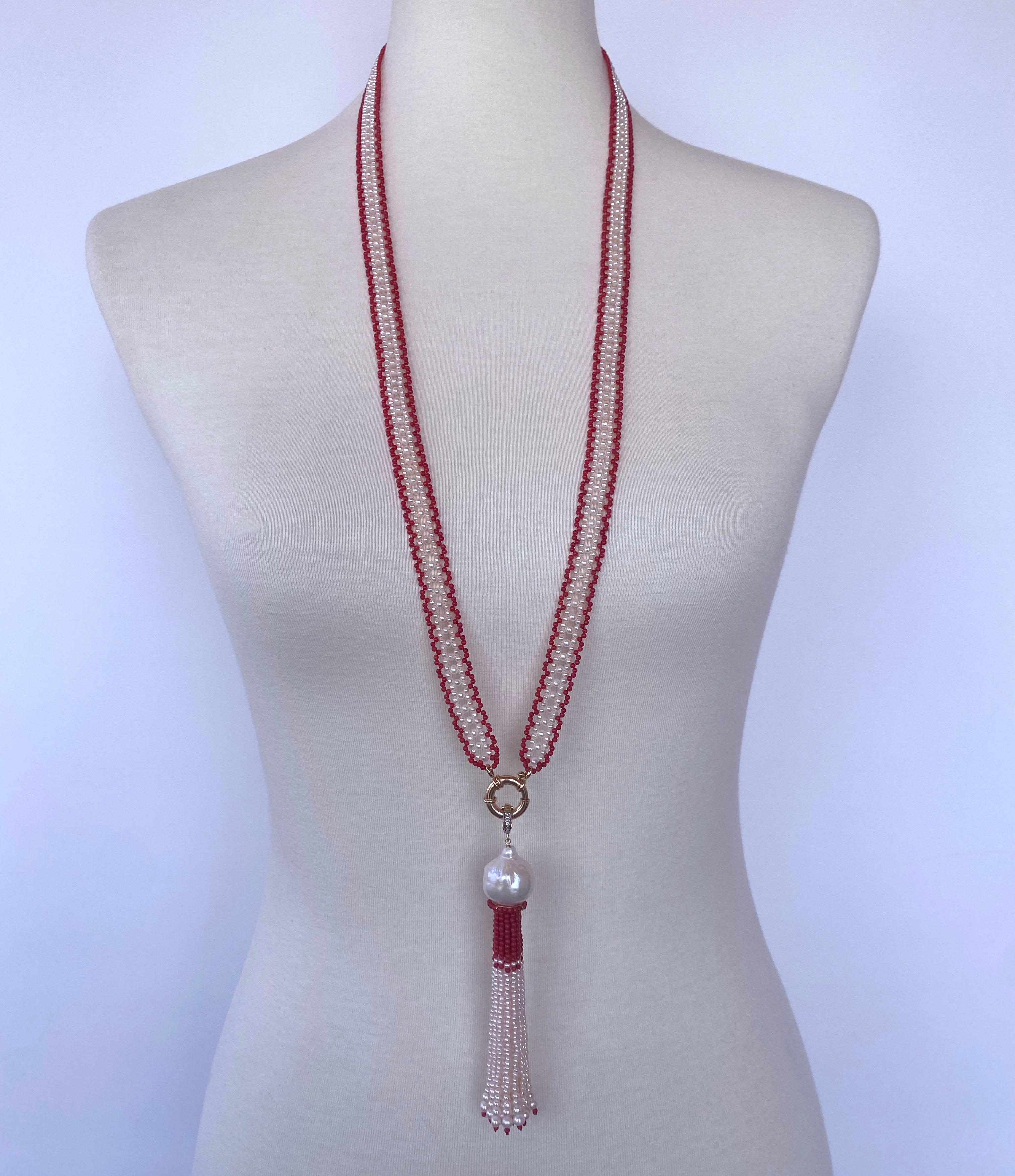 Art Deco Marina J. Fine Woven Coral & Pearl Satuoir with Baroque Tassel & 14k Yellow Gold For Sale