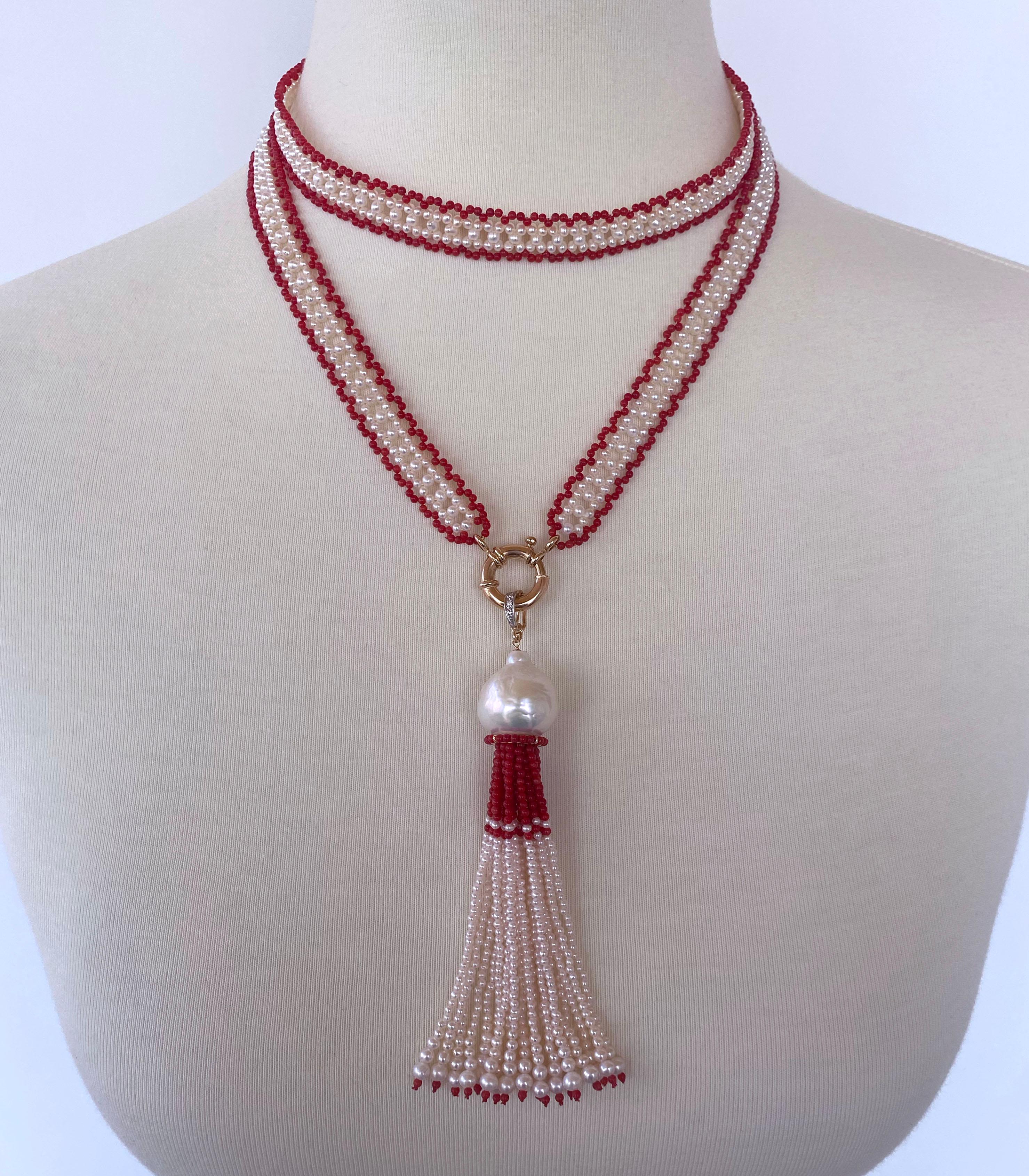 Women's Marina J. Fine Woven Coral & Pearl Satuoir with Baroque Tassel & 14k Yellow Gold For Sale