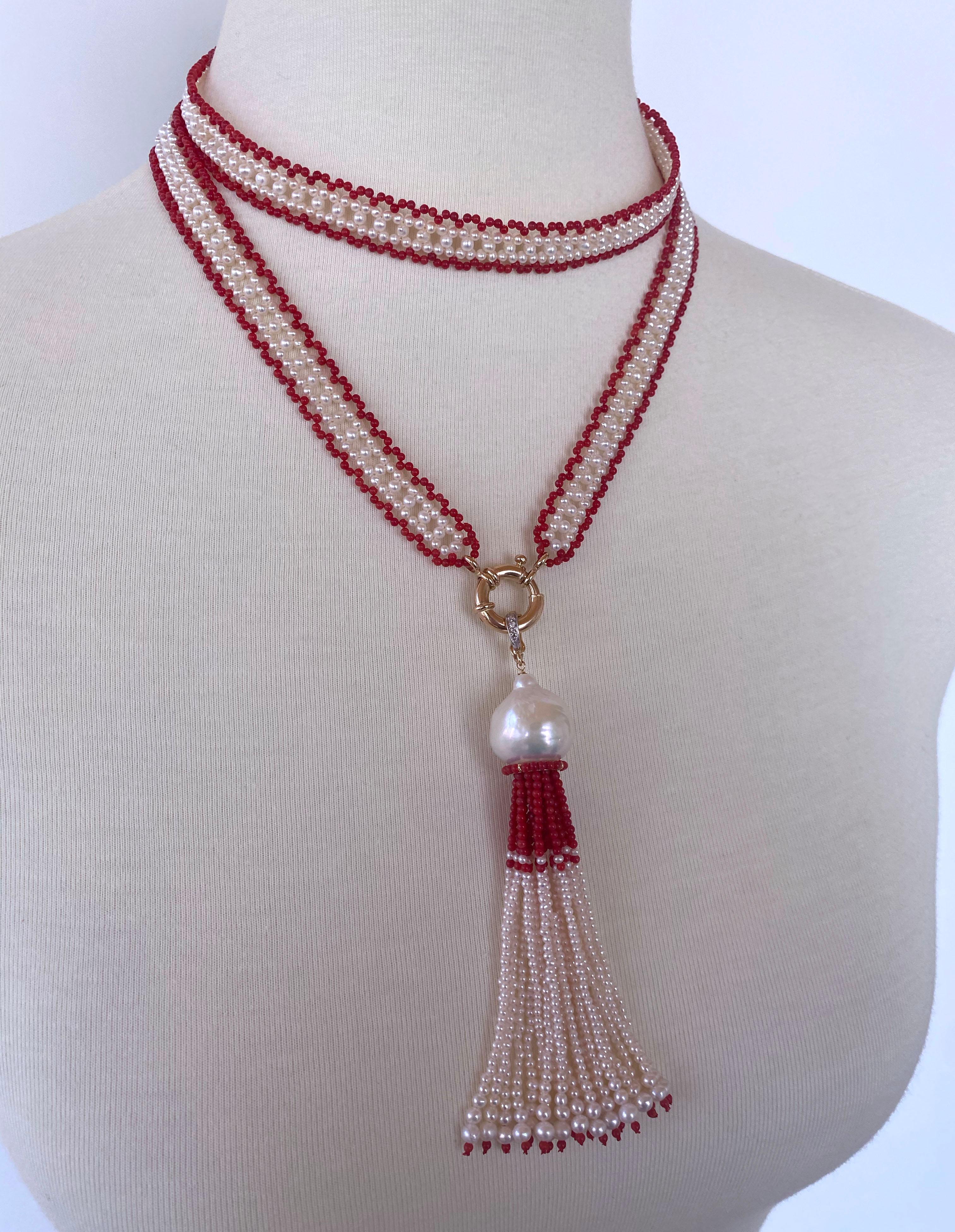 Marina J. Fine Woven Coral & Pearl Satuoir with Baroque Tassel & 14k Yellow Gold 2
