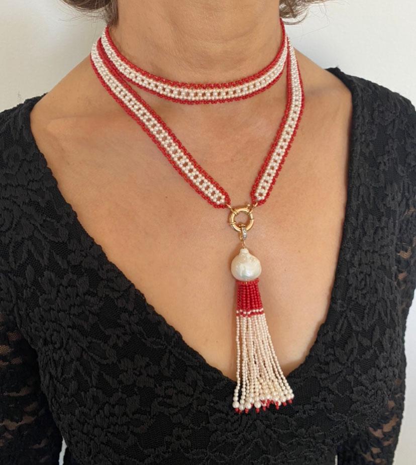 Marina J. Fine Woven Coral & Pearl Satuoir with Baroque Tassel & 14k Yellow Gold For Sale 3