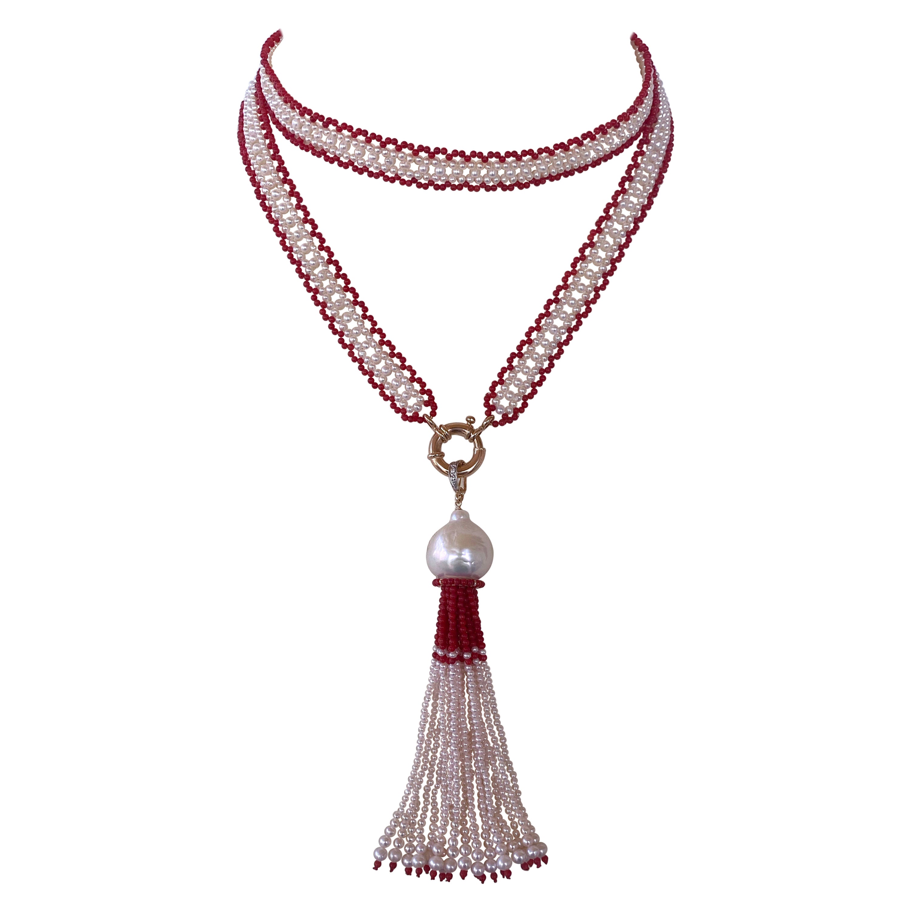 Marina J. Fine Woven Coral & Pearl Satuoir with Baroque Tassel & 14k Yellow Gold For Sale
