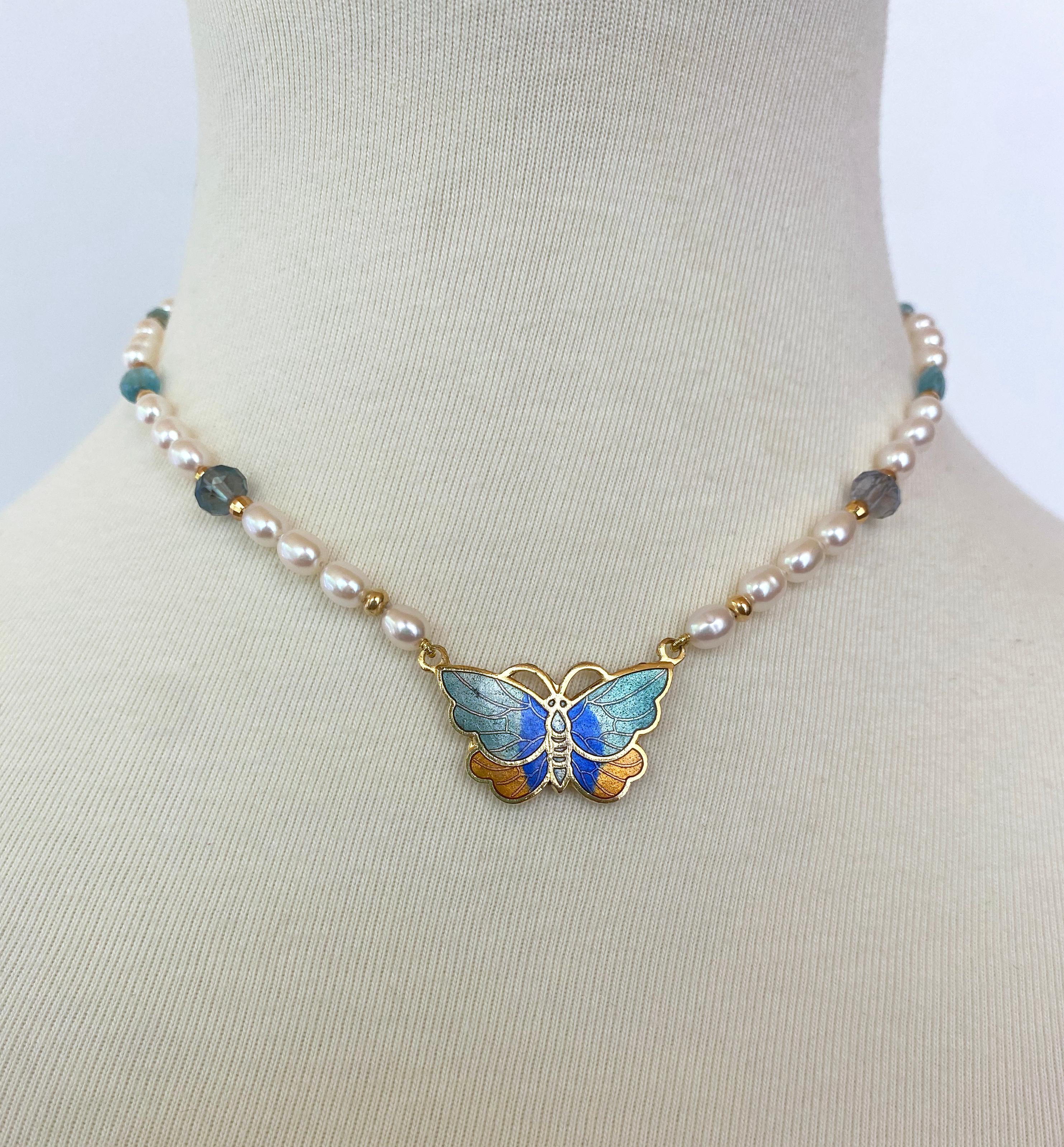 One of A Kind young girl's necklace by Marina J. This lovely piece is made with love for a special little one in your life, perfectly sized for girls ages 7 to 14. Featuring an 18k Yellow Gold Plated - Silver Butterfly Centerpiece with Aqua, Blue