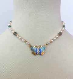 Marina J For Girls Pearl Necklace with Aquamarine & 18k Enameled Butterfly
