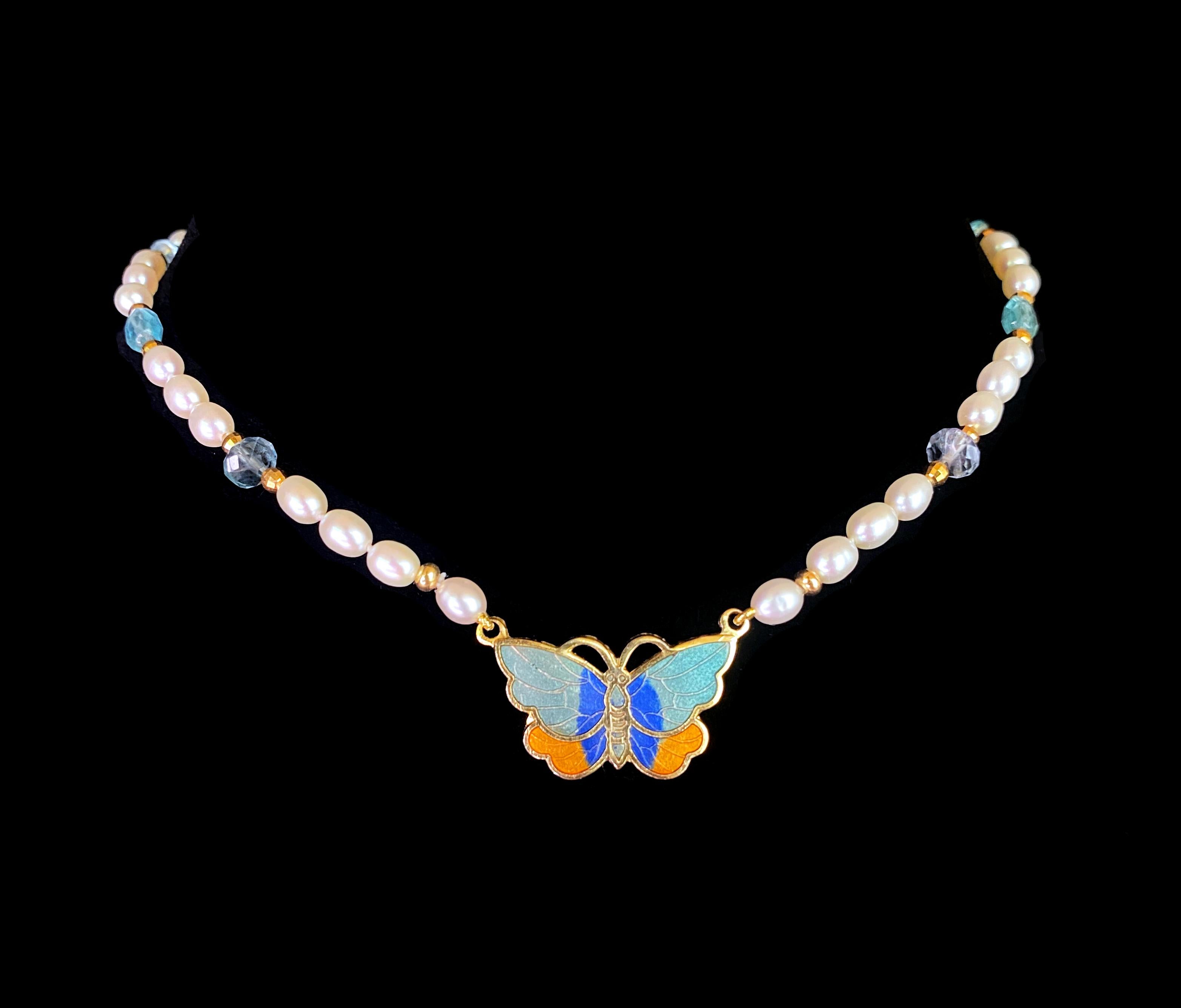 Bead Marina J For Girls Pearl Necklace with Aquamarine & 18k Enameled Butterfly For Sale