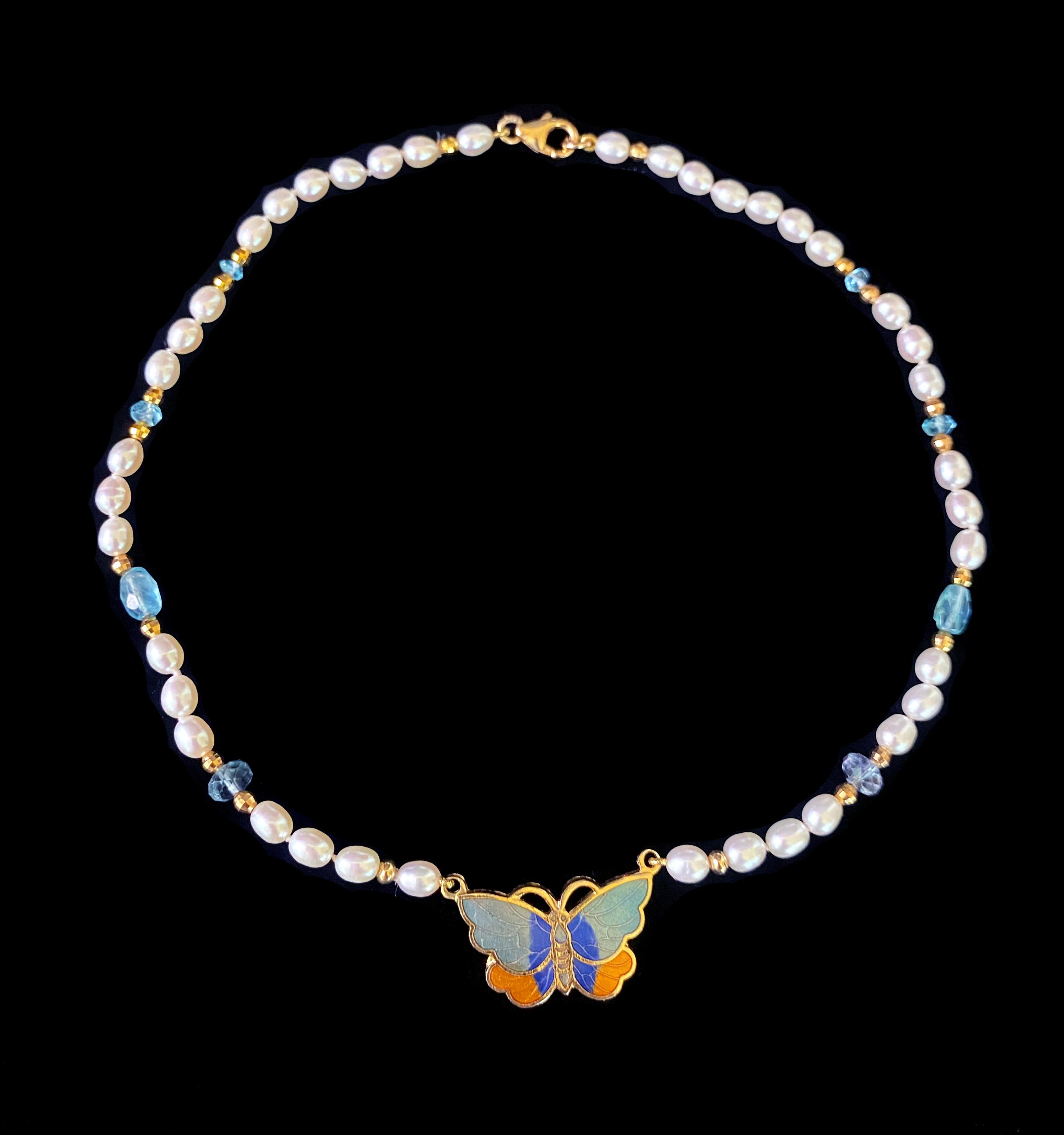 Marina J For Girls Pearl Necklace with Aquamarine & 18k Enameled Butterfly In New Condition For Sale In Los Angeles, CA