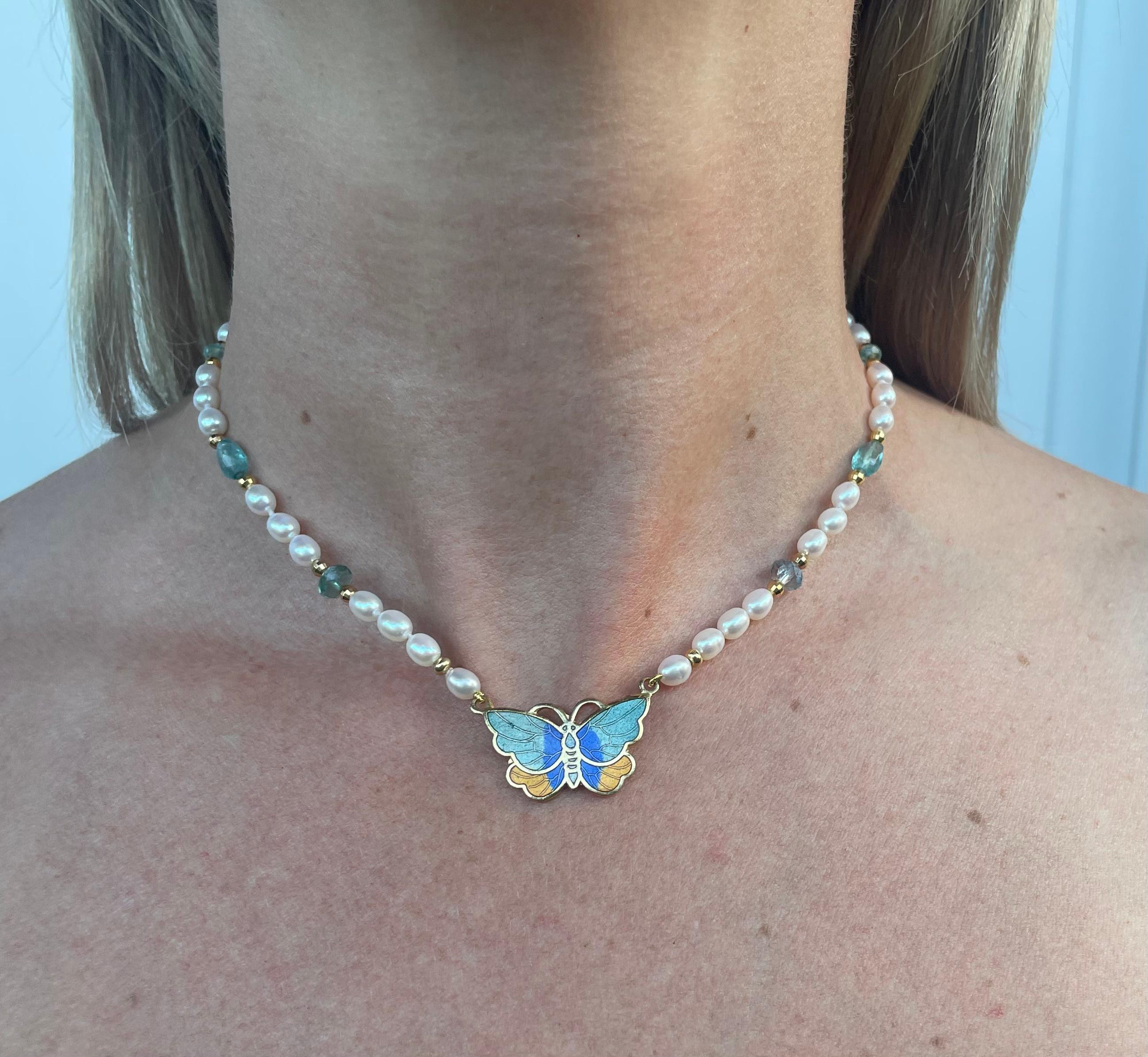 Marina J For Girls Pearl Necklace with Aquamarine & 18k Enameled Butterfly In New Condition For Sale In Los Angeles, CA