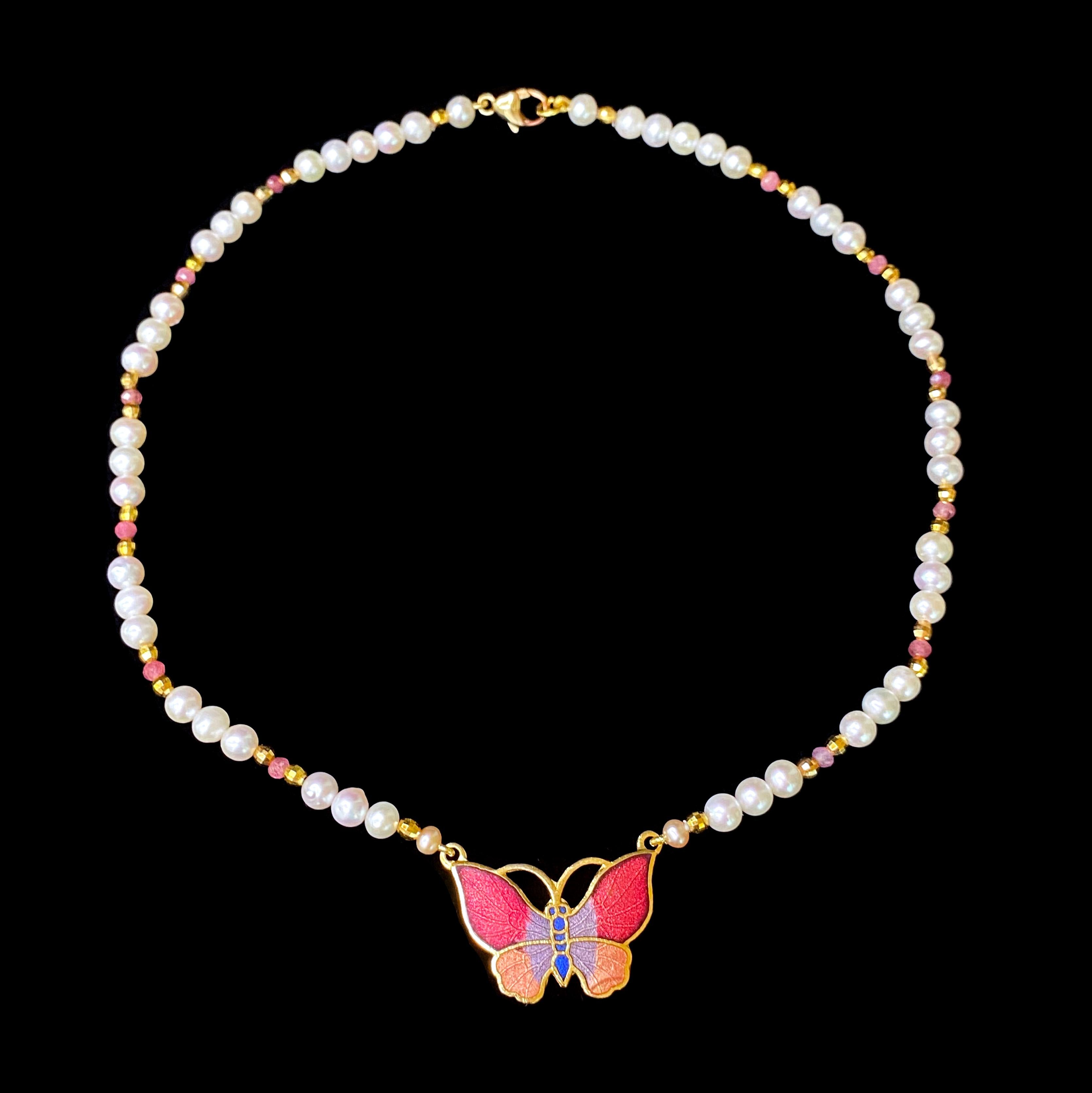 One of A Kind young girl's necklace by Marina J. This lovely piece is made with love for a special little one in your life, perfectly sized for girls ages 7 to 14. Featuring an 18k Yellow Gold Plated - Silver Butterfly Centerpiece with Fuchsia,