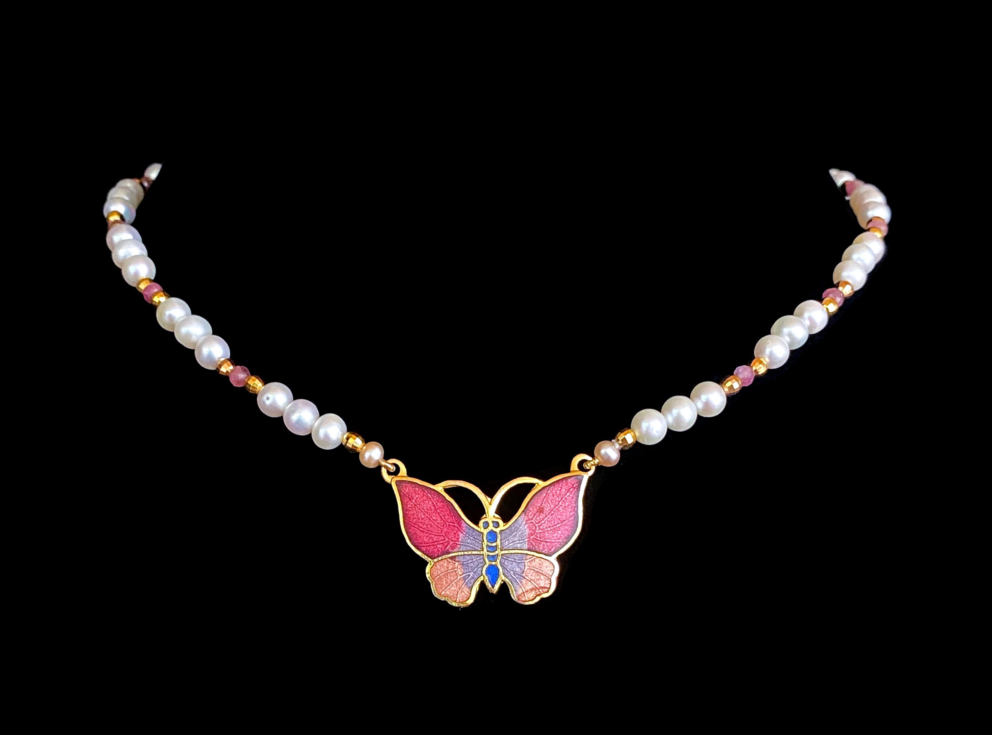 Artisan Marina J. For Girls! Pearl Necklace with Pink Rubies and Butterfly Brooch For Sale