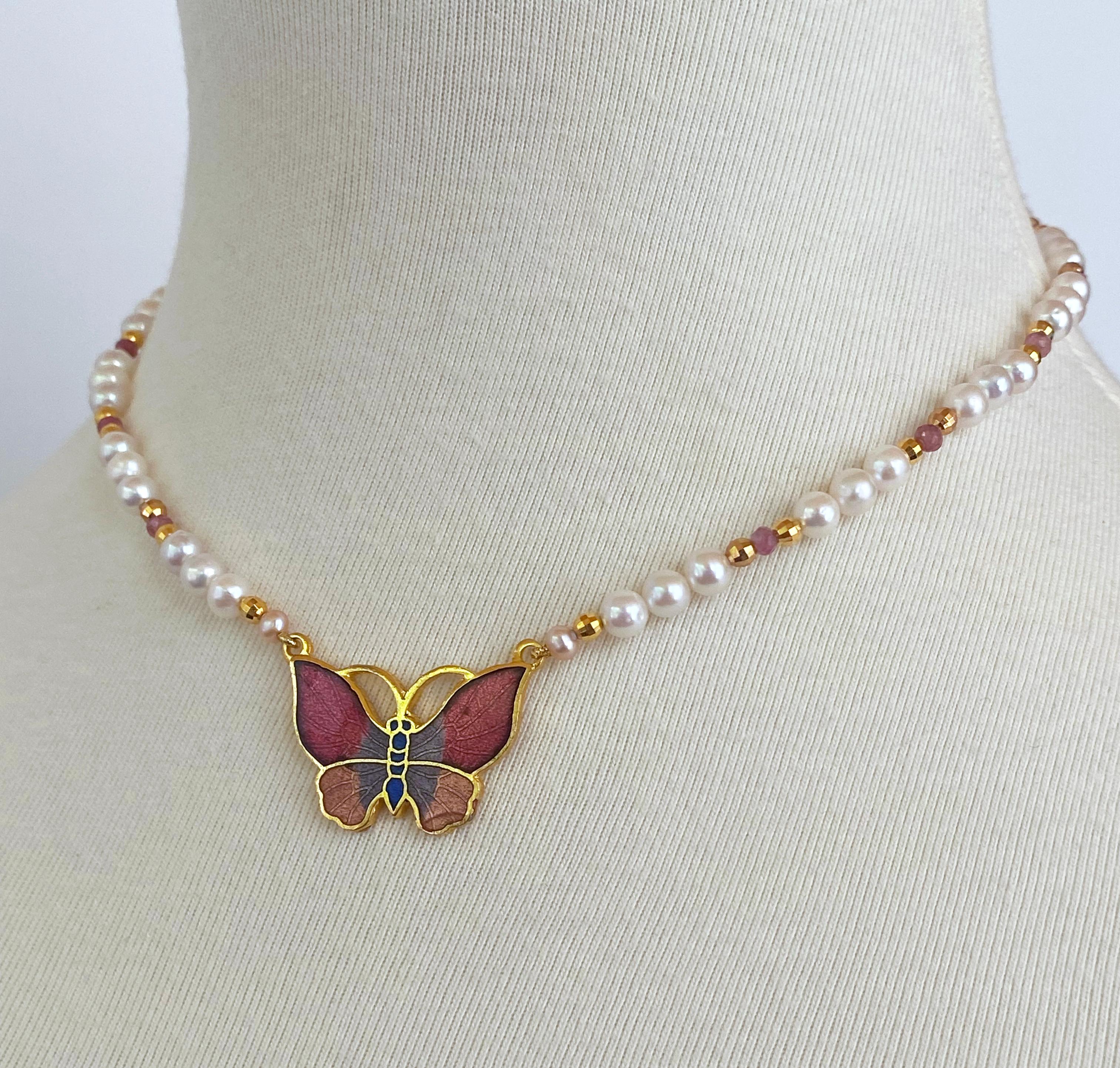 Bead Marina J. For Girls! Pearl Necklace with Pink Rubies and Butterfly Brooch For Sale
