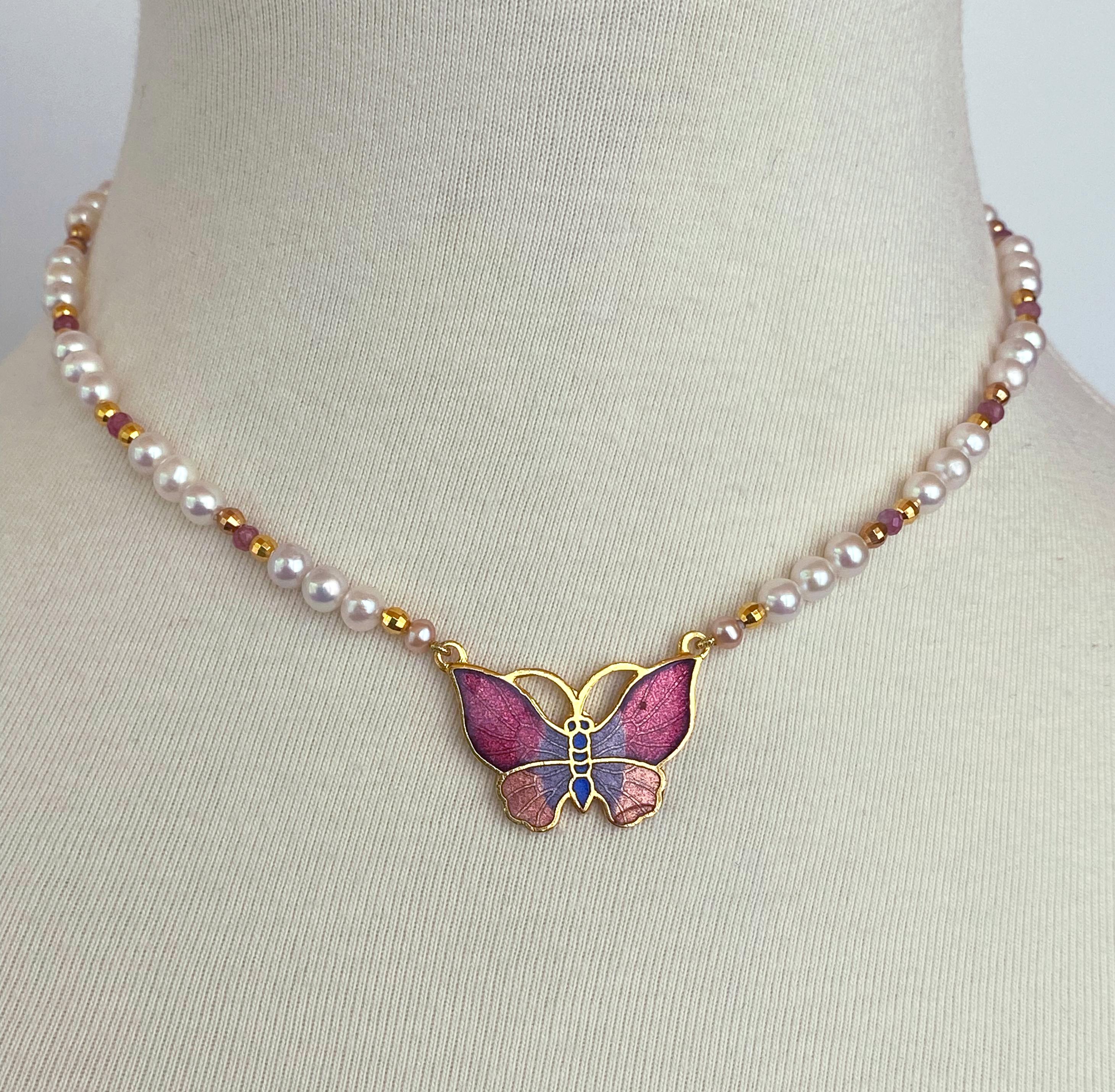 Marina J. For Girls! Pearl Necklace with Pink Rubies and Butterfly Brooch In New Condition For Sale In Los Angeles, CA