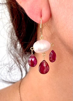 Marina J Garnet & Pearl Three Drop Earrings with 14k Yellow Gold