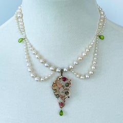 Marina J  Vintage Gold & Semi Precious Stones Centerpiece  Pearl Draped Necklace