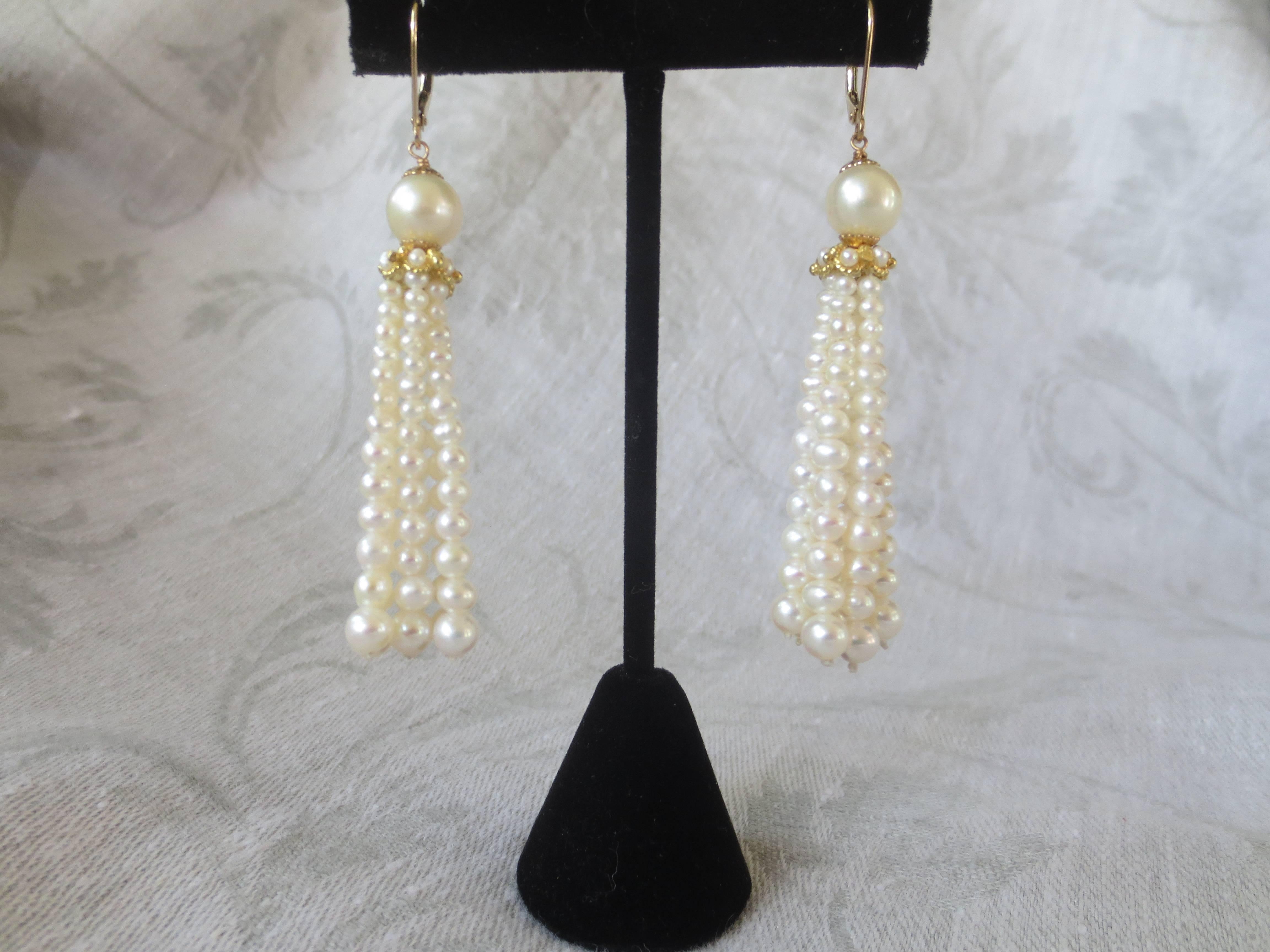 Marina J Graduated Cultured Pearl Tassel Earrings with 14 Karat Yellow Gold In New Condition In Los Angeles, CA