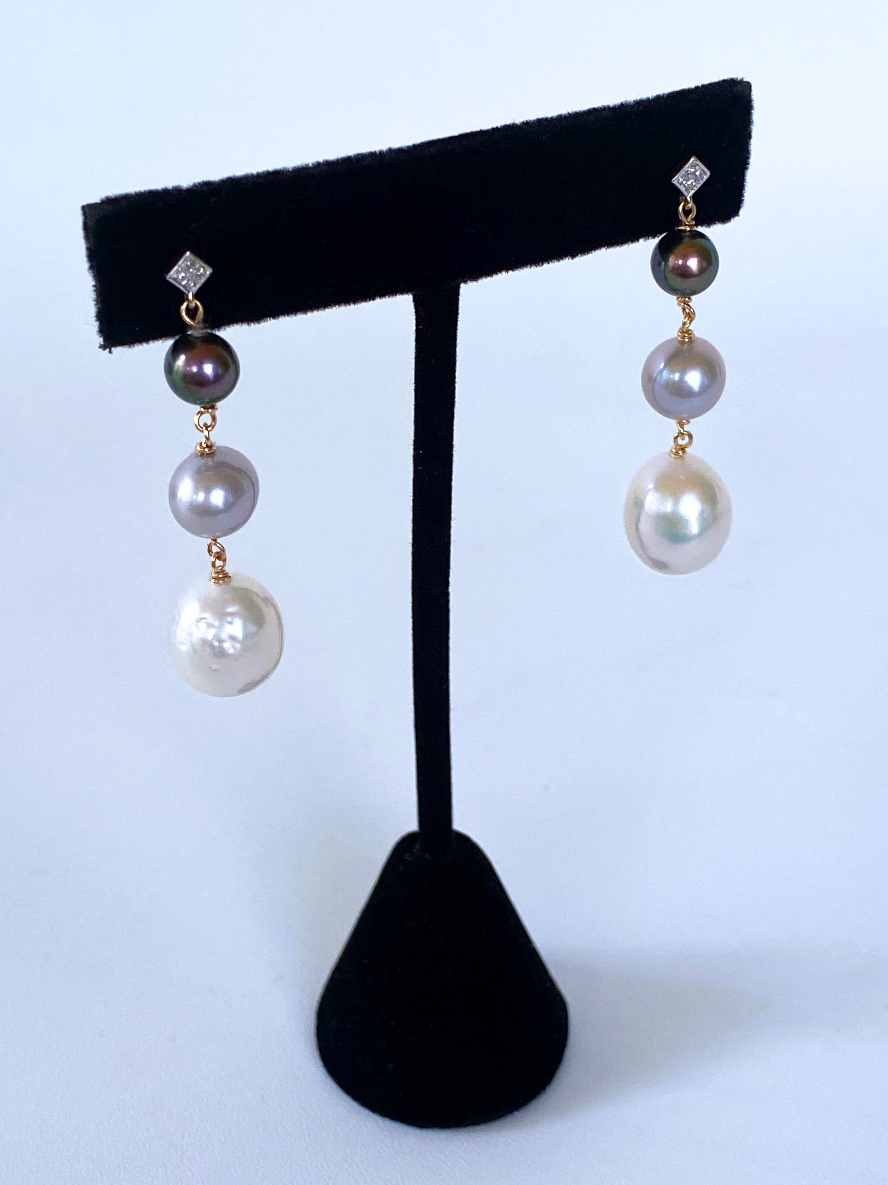 Marina J. Graduated Diamond, 14k and Pearl Ombre Earrings In New Condition For Sale In Los Angeles, CA