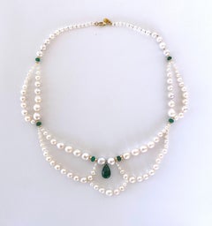 Marina J. Graduated & Draped Pearl, Emerald Necklace with 14K Yellow Gold