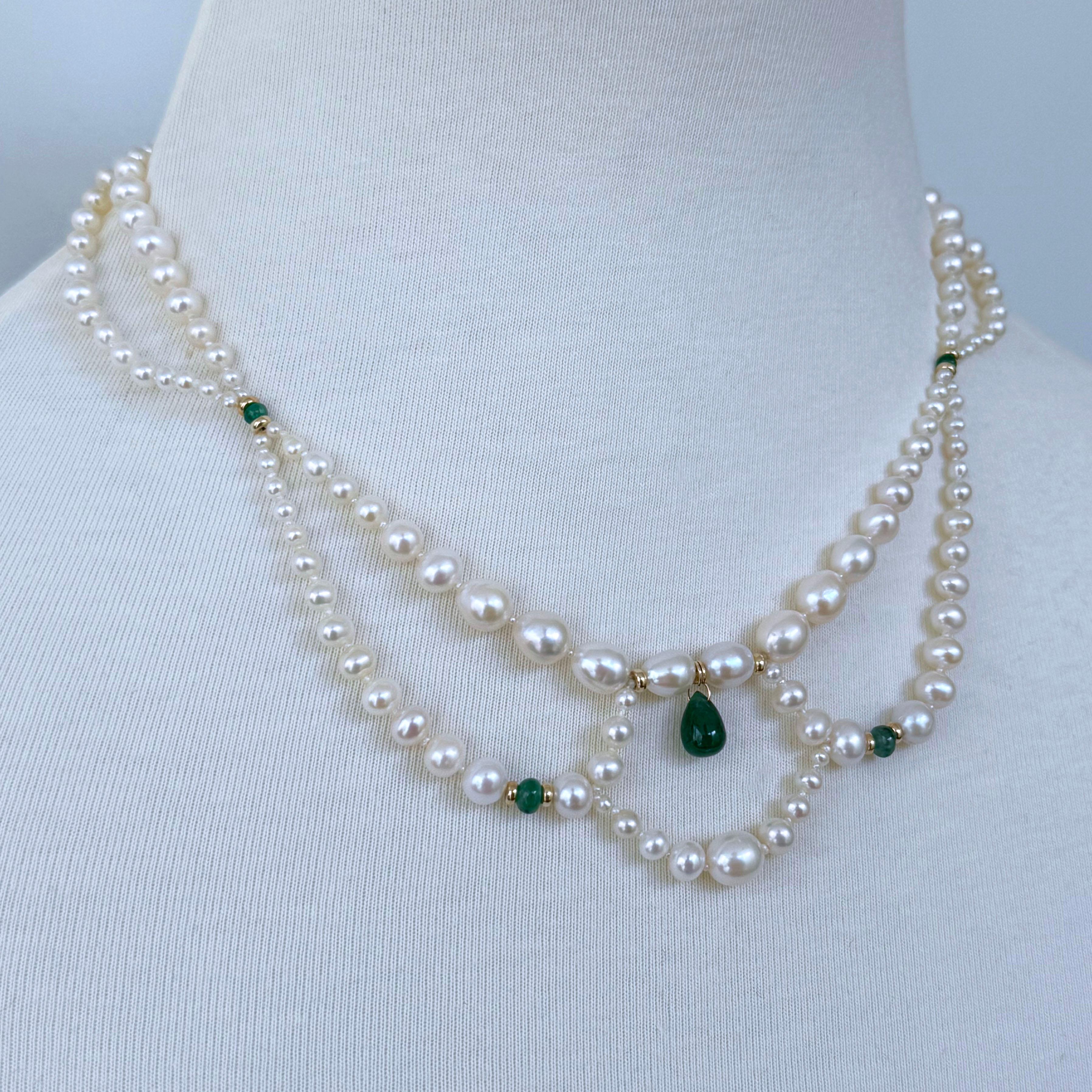 Marina J. Gestufte und drapierte Perlen- und Smaragd-Halskette mit 14K Gelbgold im Zustand „Neu“ im Angebot in Los Angeles, CA