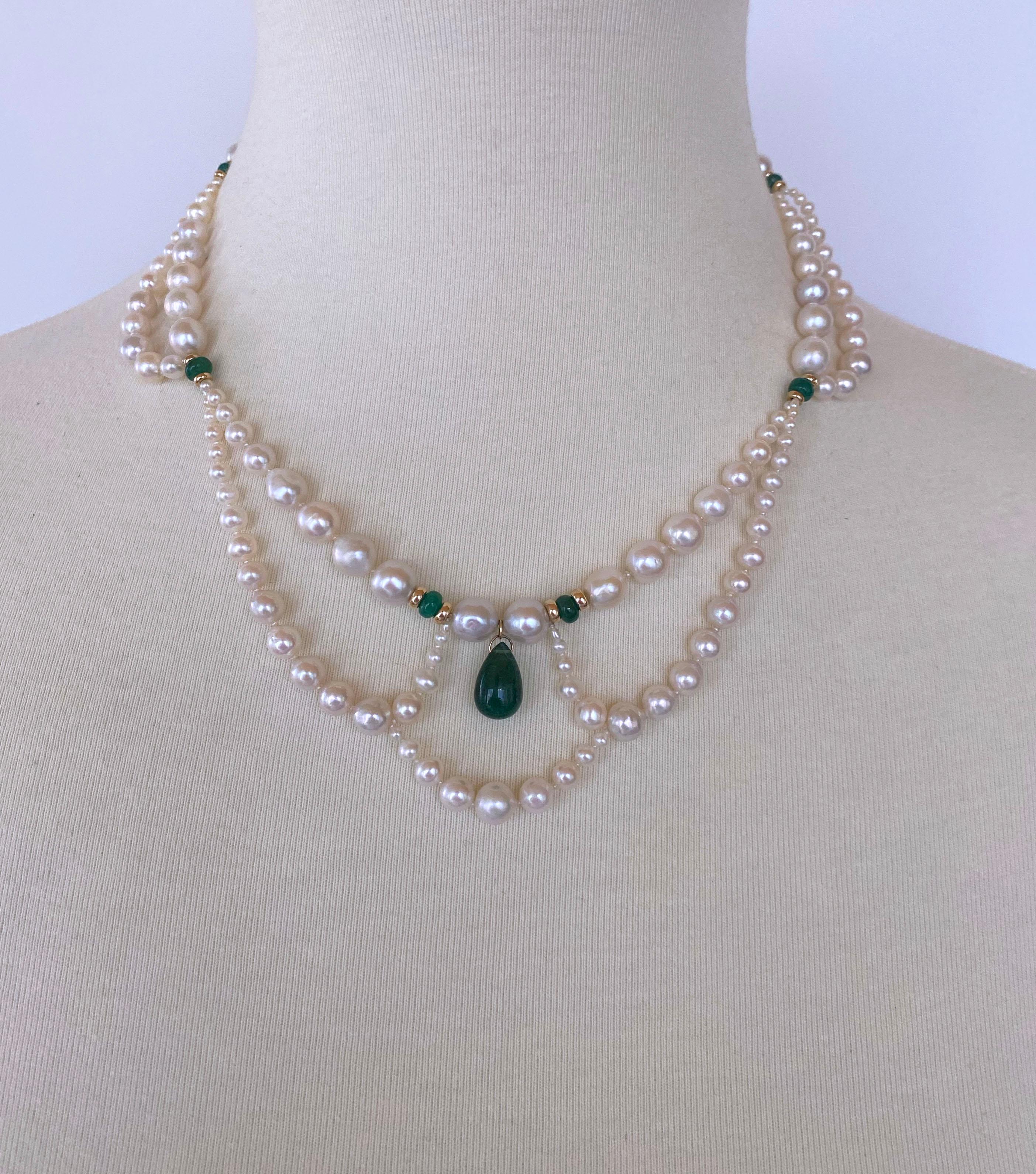 Bead Marina J. Graduated & Draped Pearl, Emerald Necklace with 14K Yellow Gold