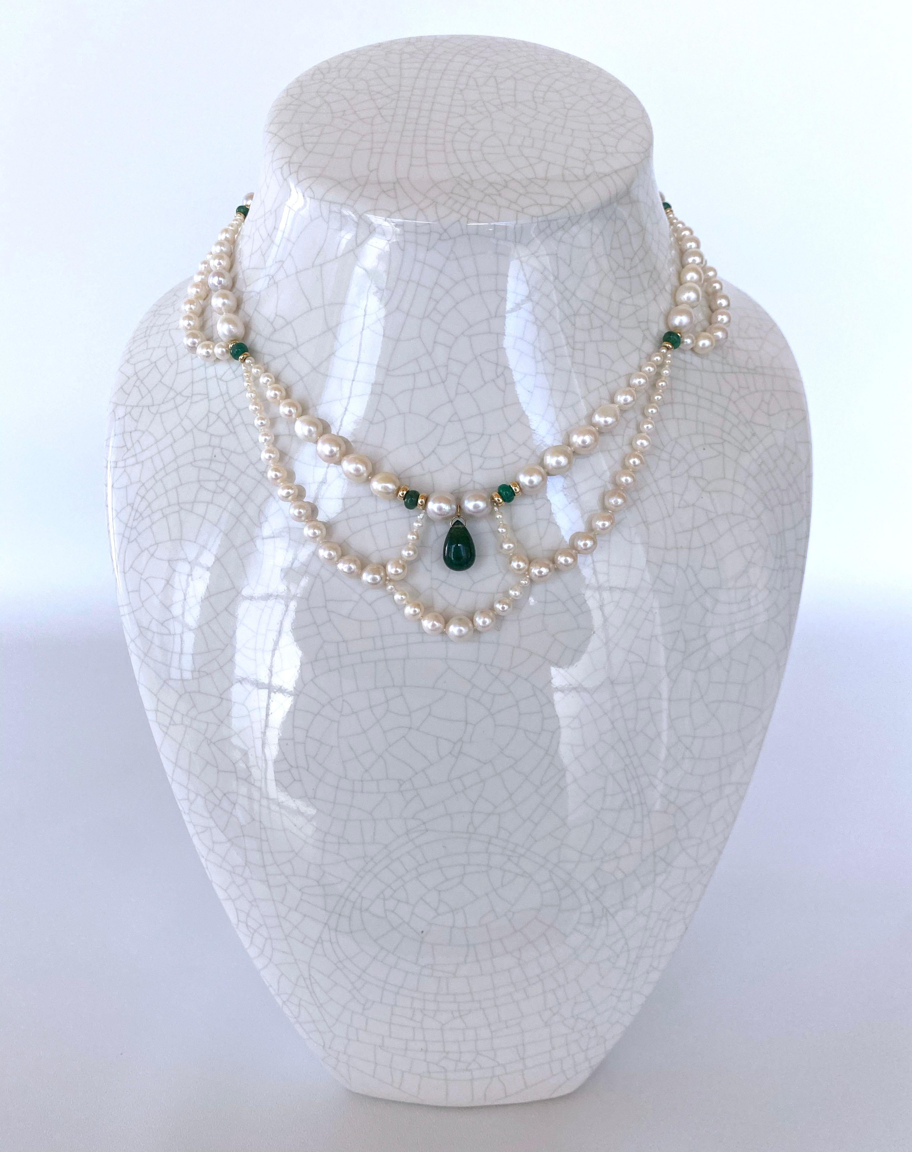 Marina J. Graduated & Draped Pearl, Emerald Necklace with 14K Yellow Gold In New Condition In Los Angeles, CA
