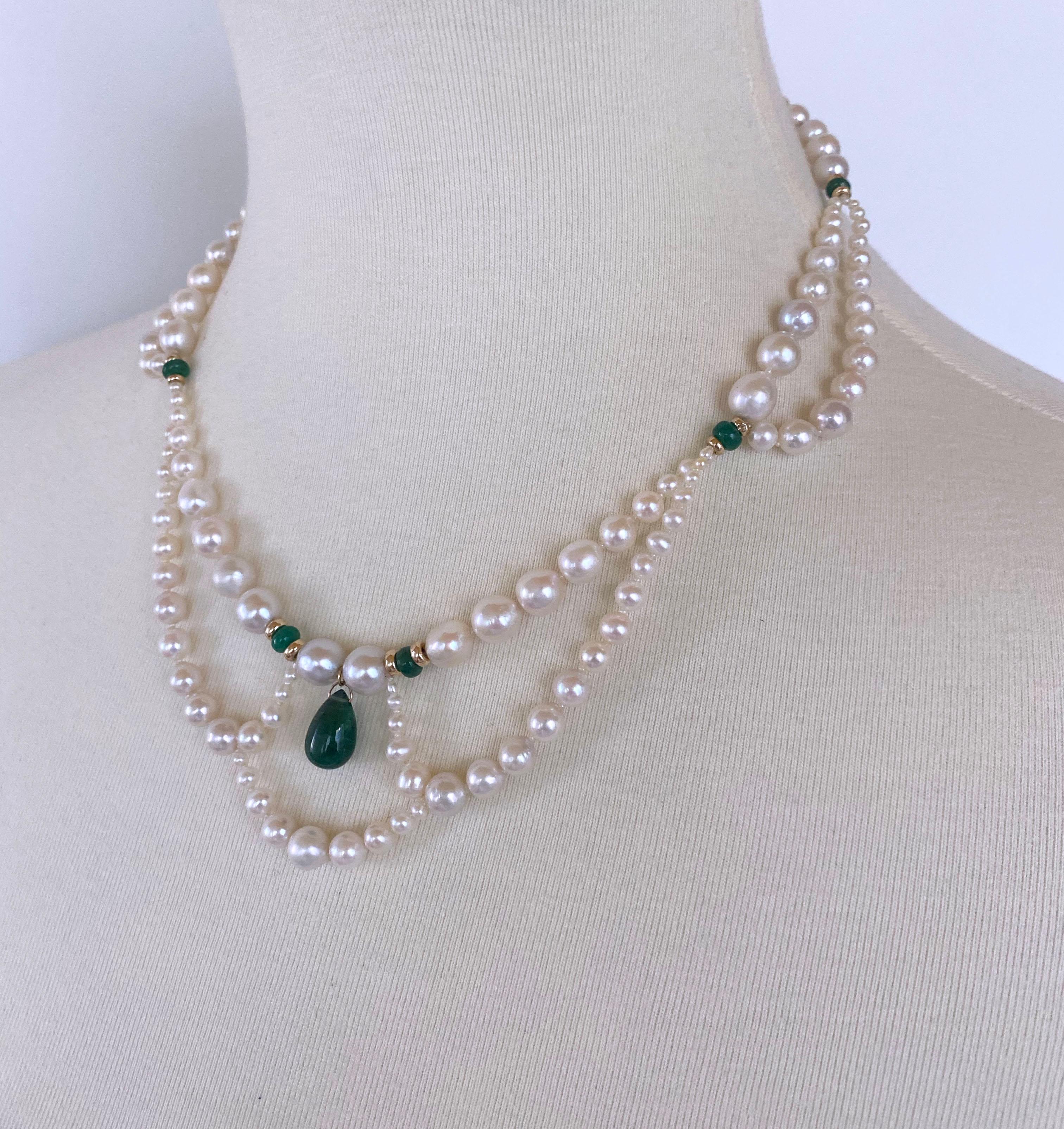 Women's Marina J. Graduated & Draped Pearl, Emerald Necklace with 14K Yellow Gold