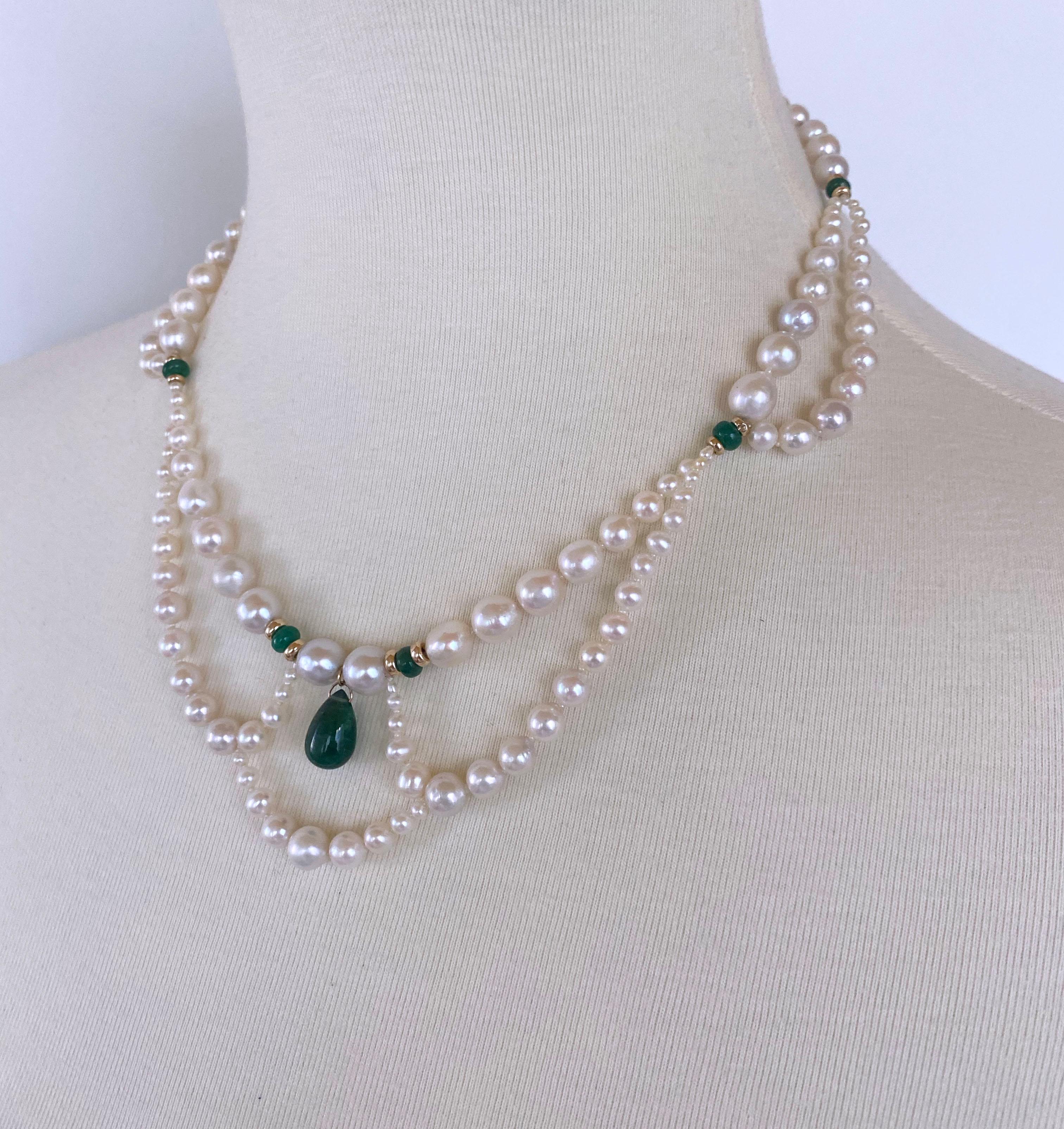 Marina J. Abgestufte und drapierte Perle, Smaragd-Halskette mit 14K Gelbgold 4