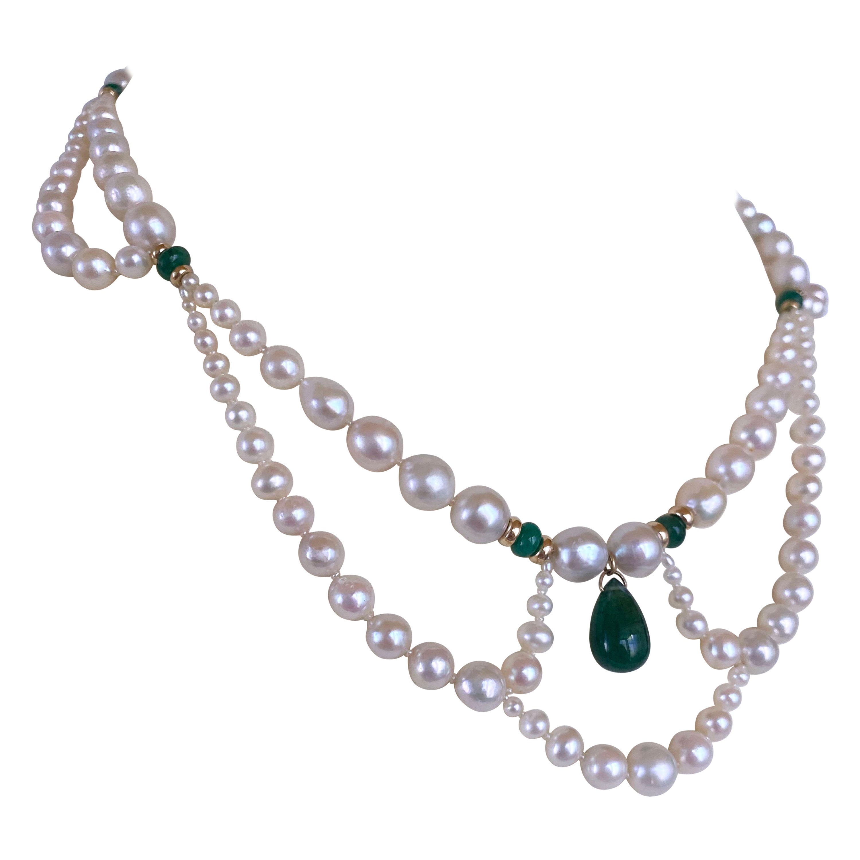 Marina J. Abgestufte und drapierte Perle, Smaragd-Halskette mit 14K Gelbgold