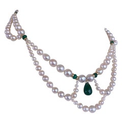 Marina J. Abgestufte und drapierte Perle, Smaragd-Halskette mit 14K Gelbgold
