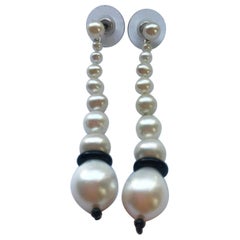 Marina J. Graduated Long Pearls Earrings with Onyx Beads and 14 Karat Gold Stud