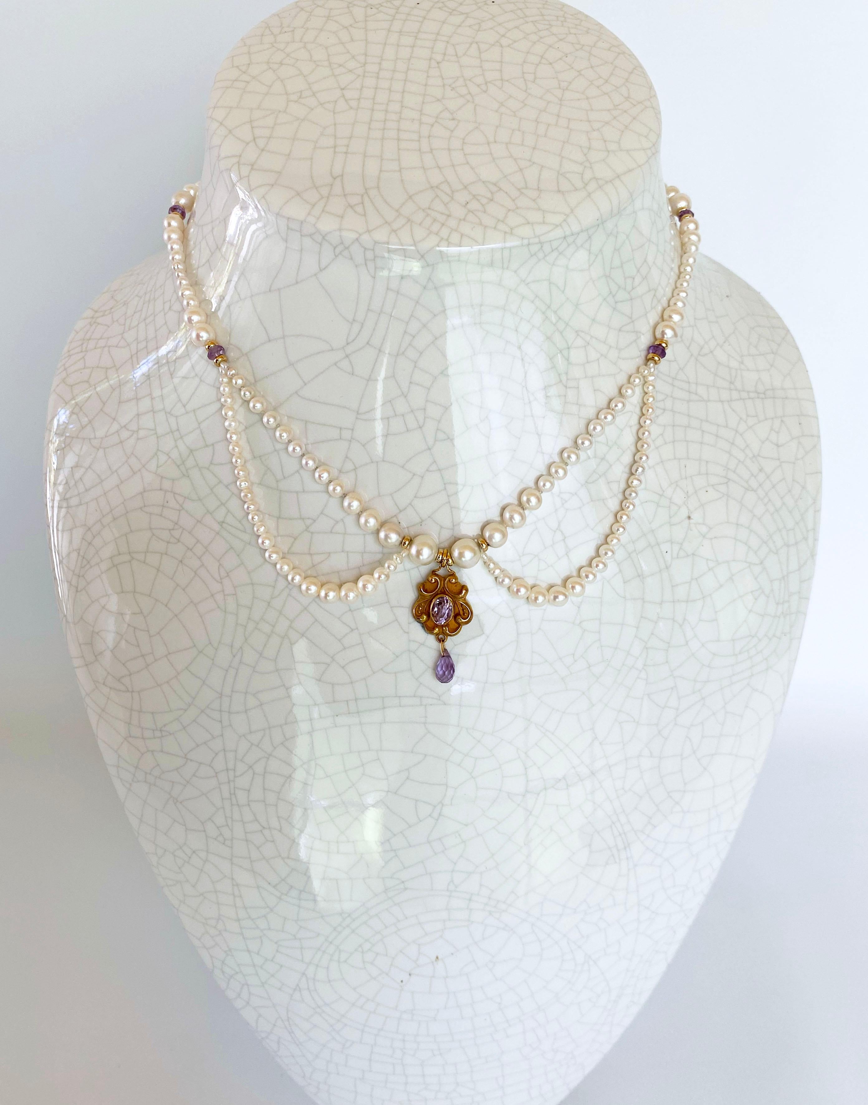 Beautiful Marina J. Graduated high luster Pearl Necklace featuring Amethyst and solid 14K Yellow Gold accents, with Graduated Drapes. This Victorian inspired necklace is a perfect piece to show off the neck, as the Draped Pearls accent any collar