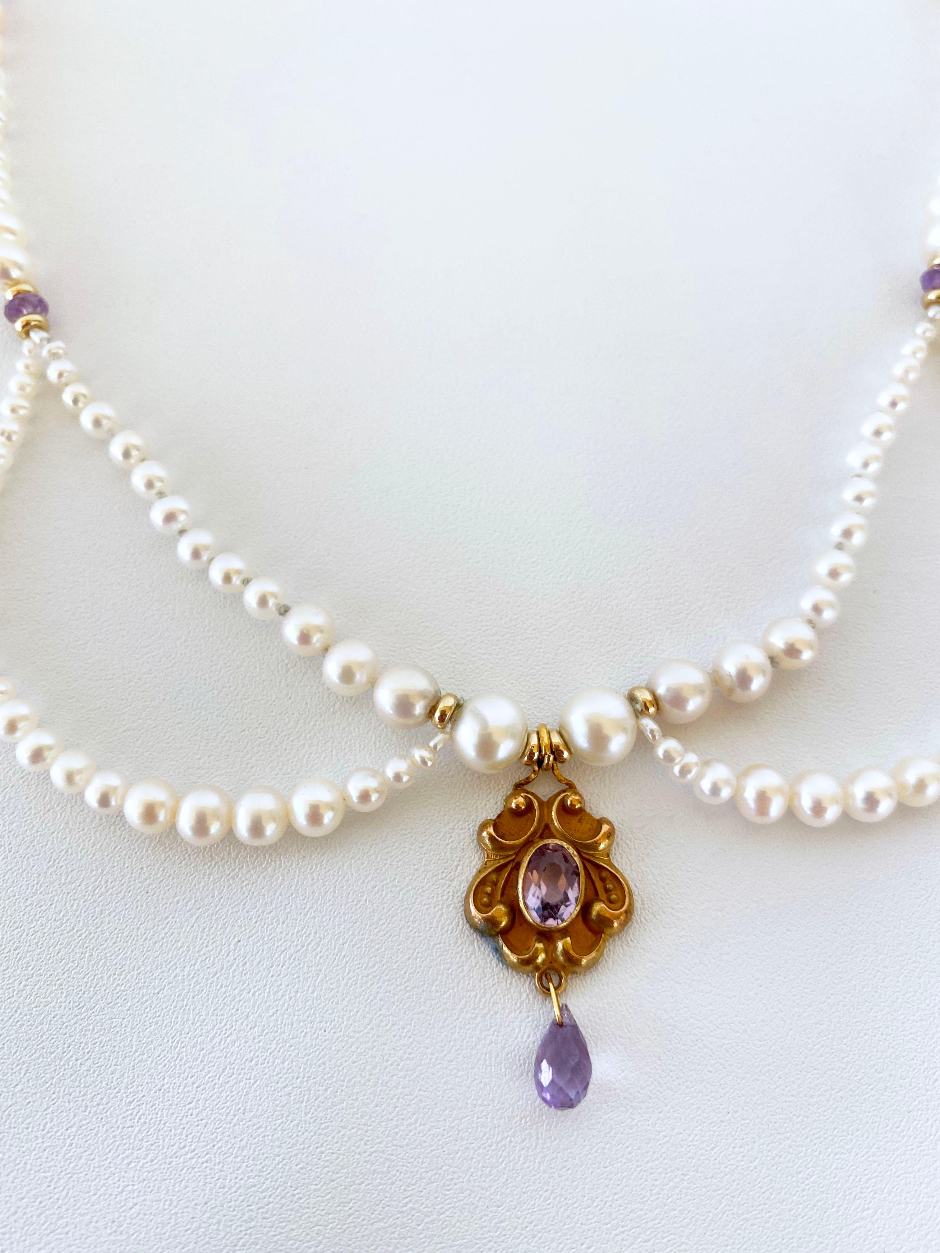 Bead Marina J Graduated Pearl and Amethyst Necklace with 14 K Gold & Vintage Pendant