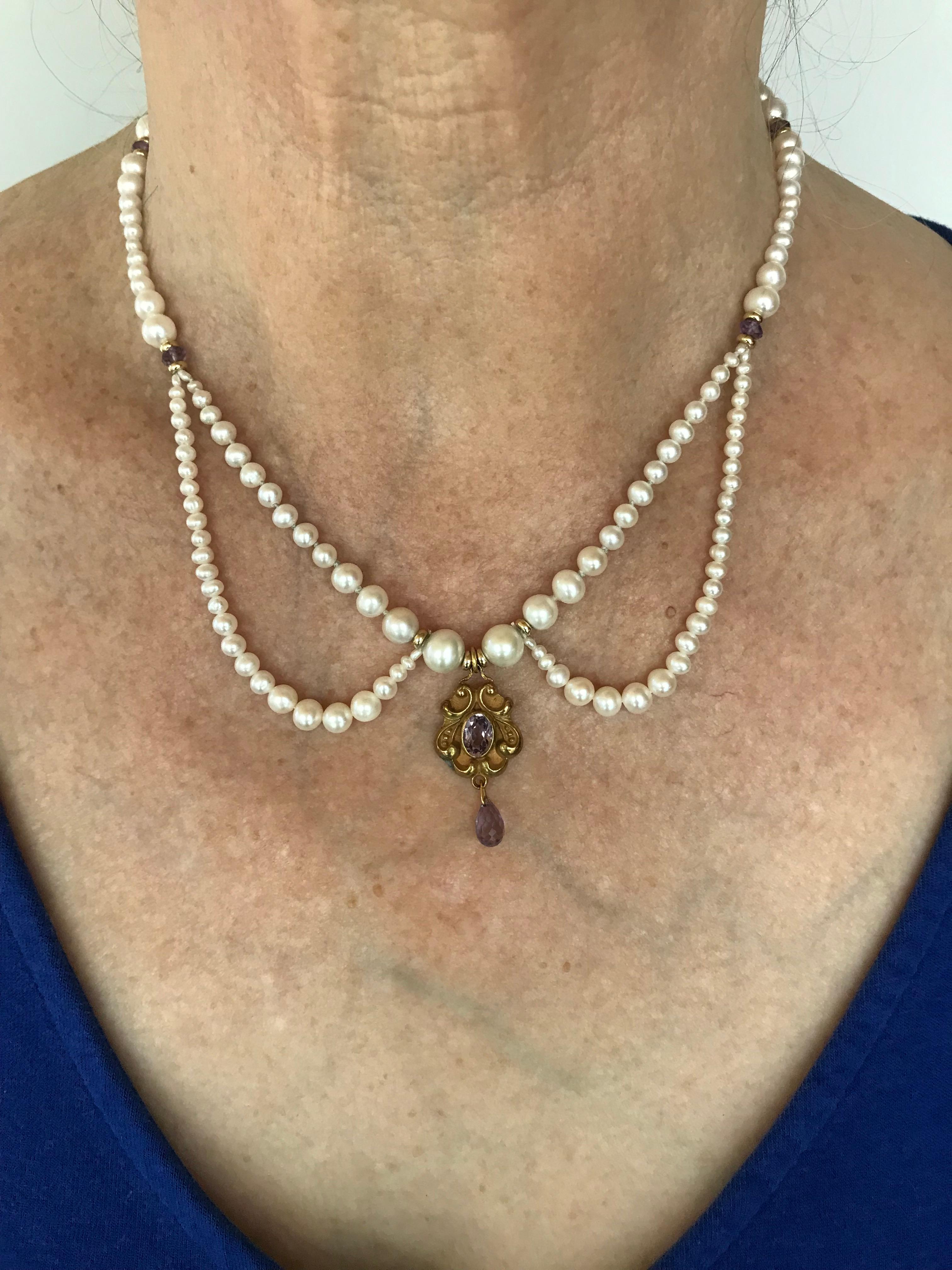 Women's Marina J Graduated Pearl and Amethyst Necklace with 14 K Gold & Vintage Pendant