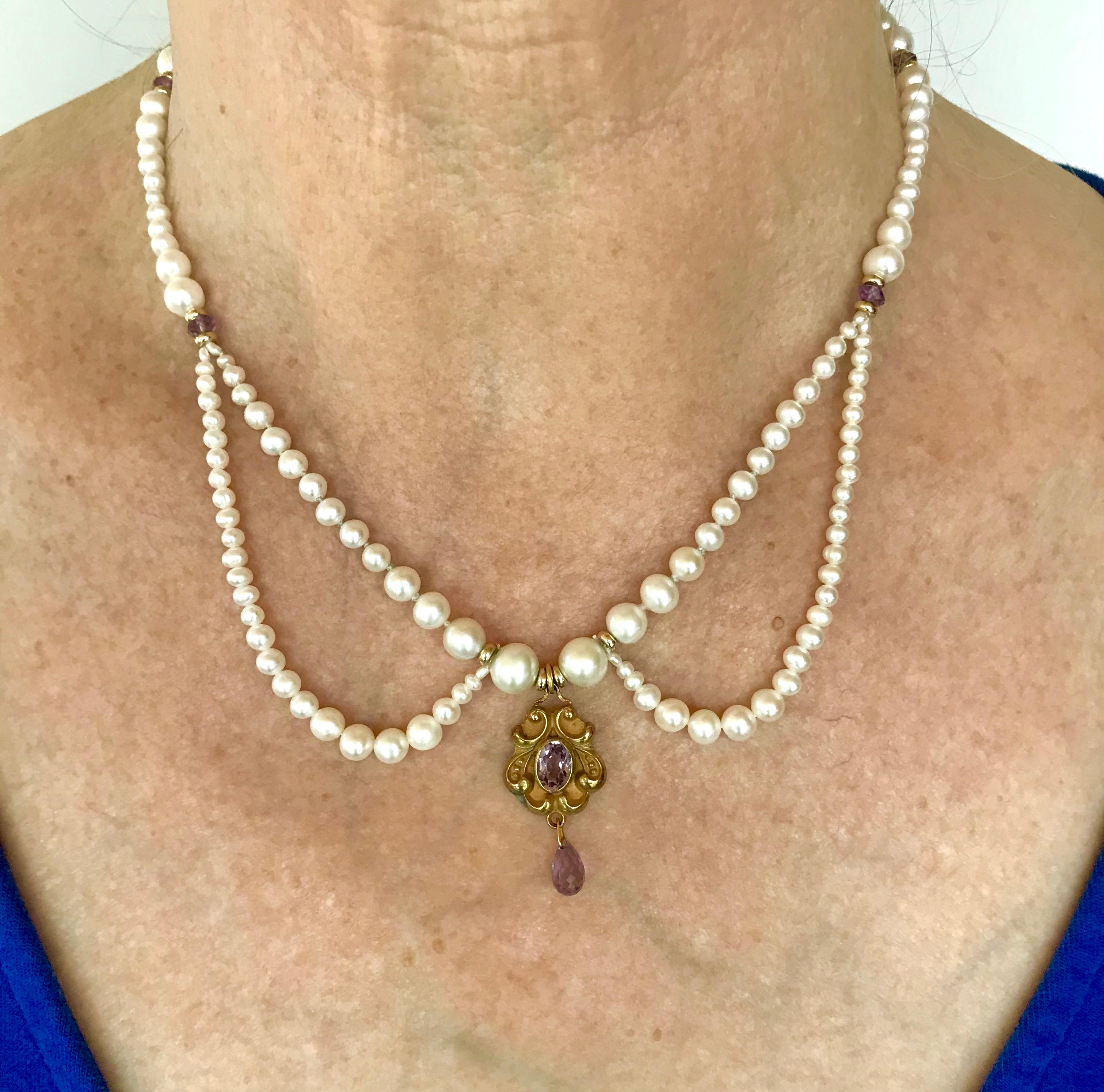 Marina J Graduated Pearl and Amethyst Necklace with 14 K Gold & Vintage Pendant 1