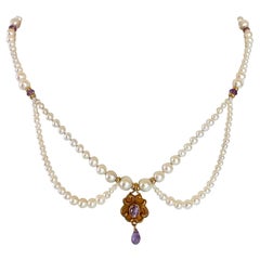 Marina J Graduated Pearl and Amethyst Necklace with 14 K Gold & Vintage Pendant