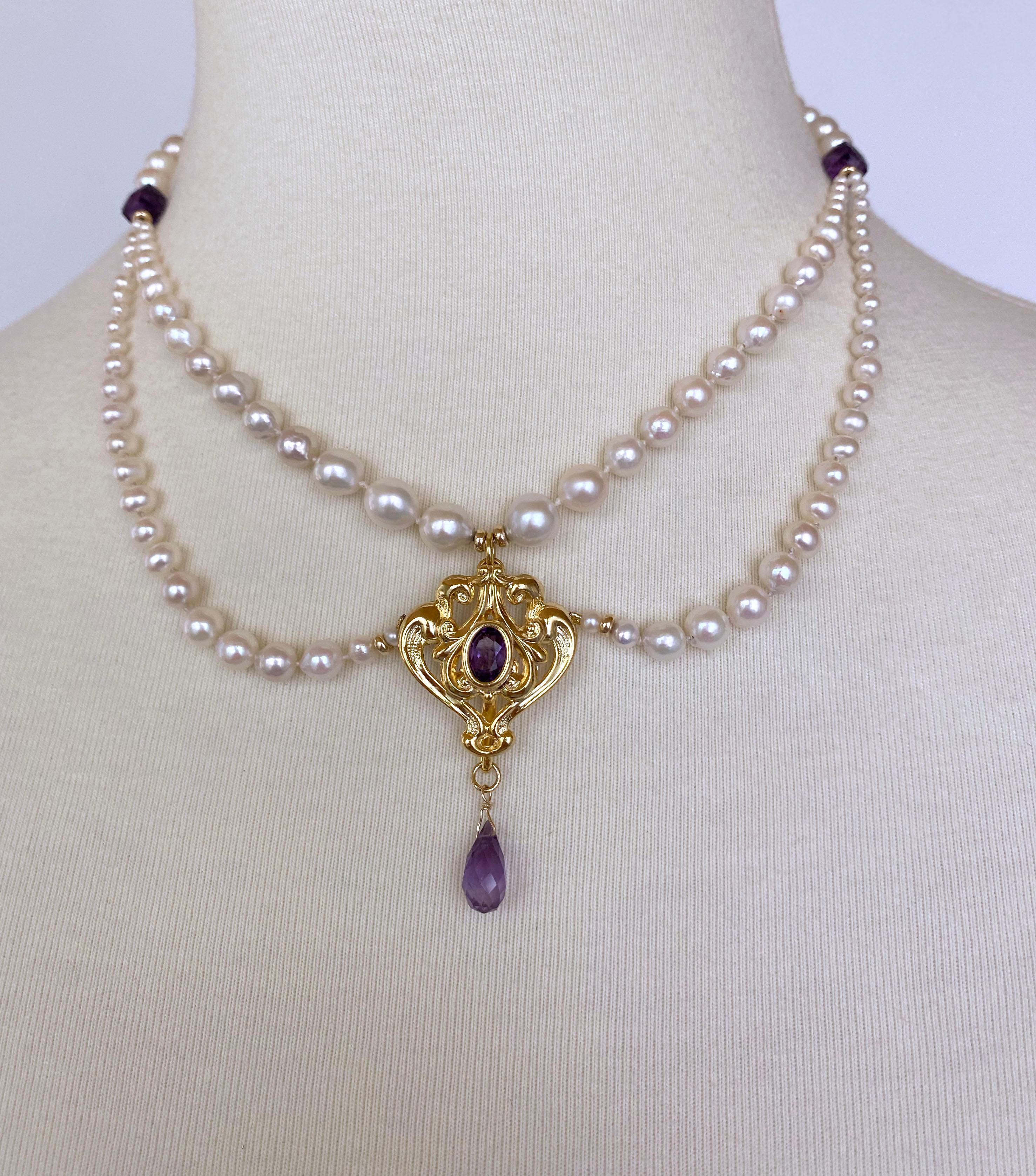 Beautifully hand made by Marina J. This necklace features a high shine and high polish 18K Yellow Gold Plating over a vintage 9K Victorian Pendant, restored into a centerpiece displaying a vibrant Amethyst setting, and teardrop Briolette. Strung