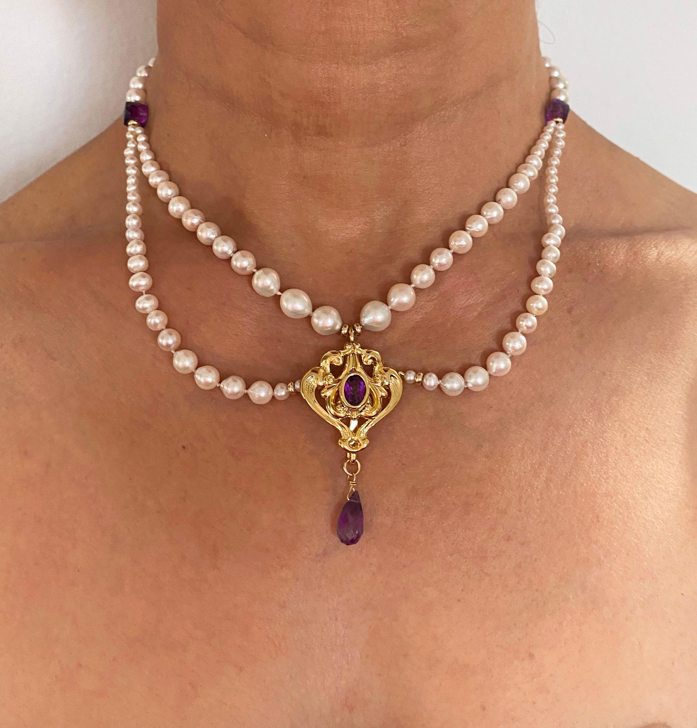 Late Victorian Marina J. Graduated Pearl and Amethyst Necklace with 14K Yellow Gold