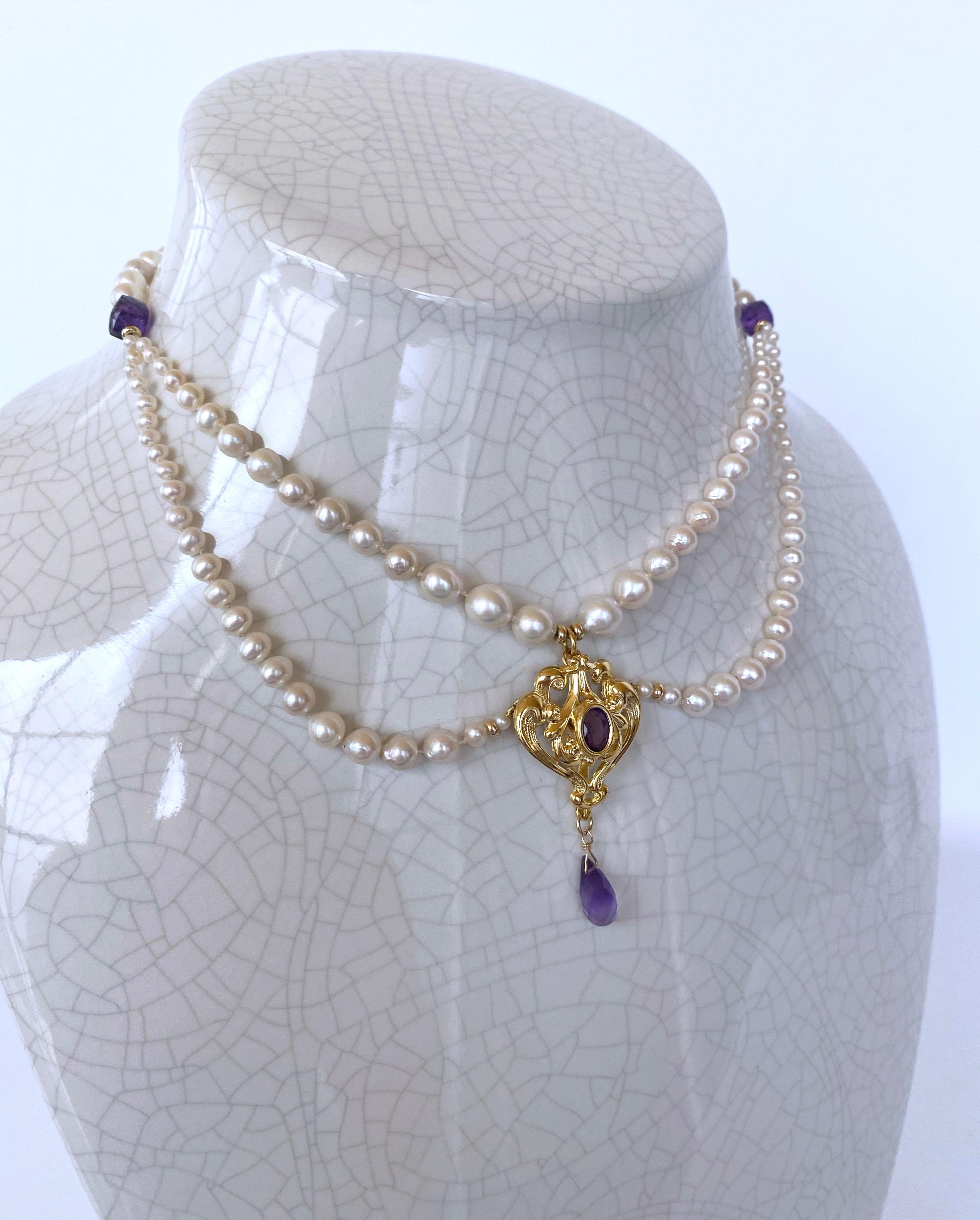 Bead Marina J. Graduated Pearl and Amethyst Necklace with 14K Yellow Gold